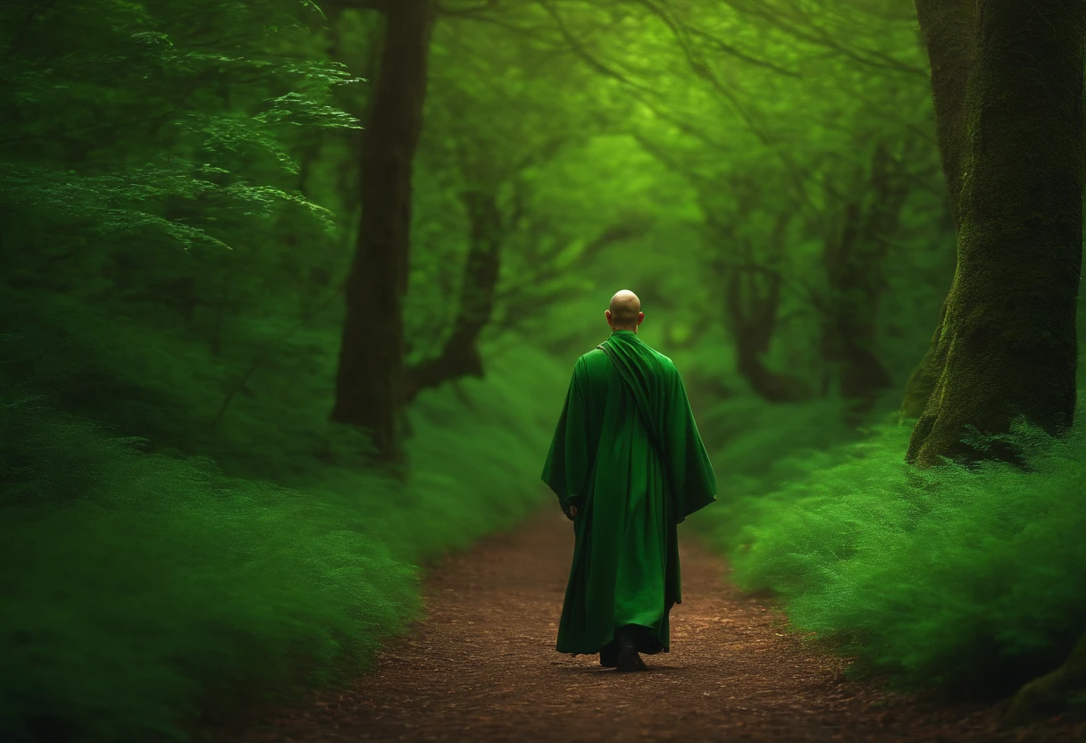 Monk in a green forest epic monk verdant forest ** e ** um corvo triste e desanimado ** e ** 4k realista.
