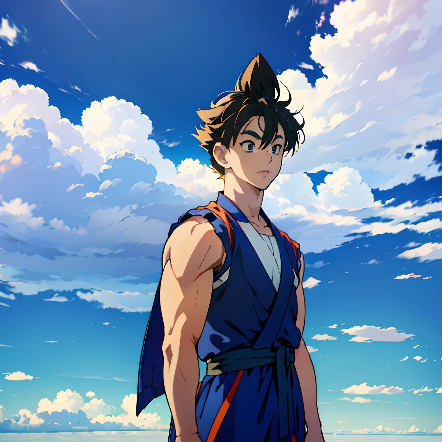 Goku Chibi, 1boys, Male focus, Super Saya people, Goku costume, Solo, sky, Cloud, day, Blue sky, Libido boy, En plein air, Upper body, overcast sky