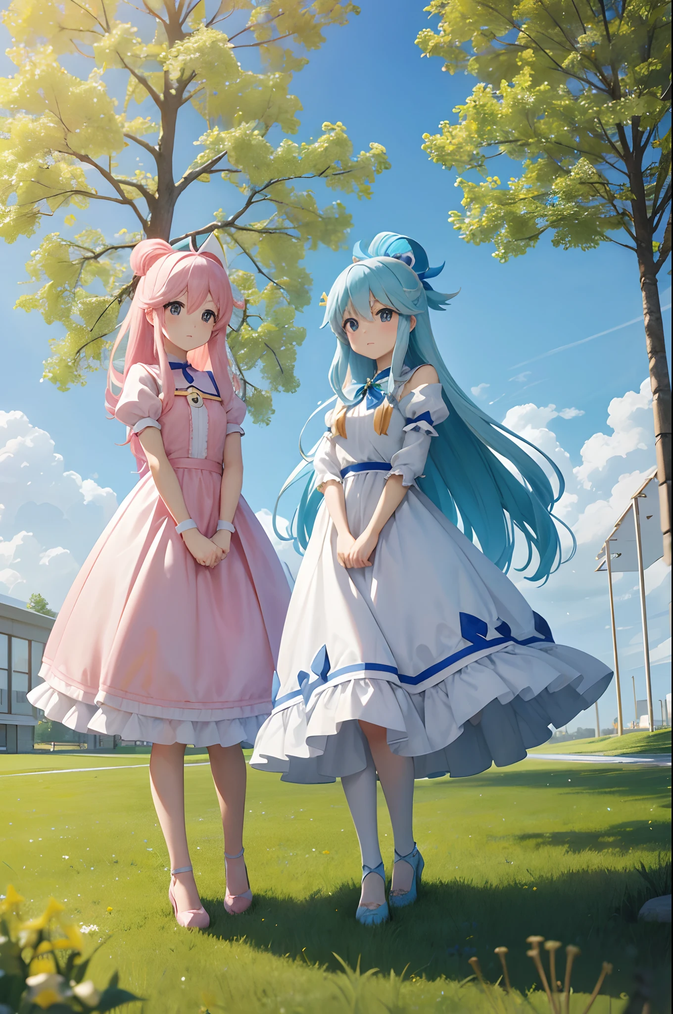 masterpiece, top-quality, Princess_aqua_Konosuba, White and pink dress, Black eyes, Light blue long hair、 standingn, (borgar: 1.1), clouds, Rows of yellow ginkgo trees、Near and far law、blue-sky