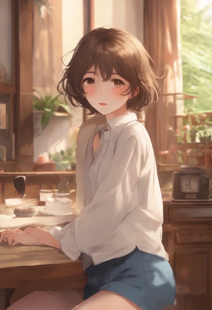 Brown hair、Disheveled hair with short cuts、japanes、Ano-chan Style、-yeld giLooking here、Kamimei、Thin shirt、Shorts、A slender、爆乳、Background in everyday room、date