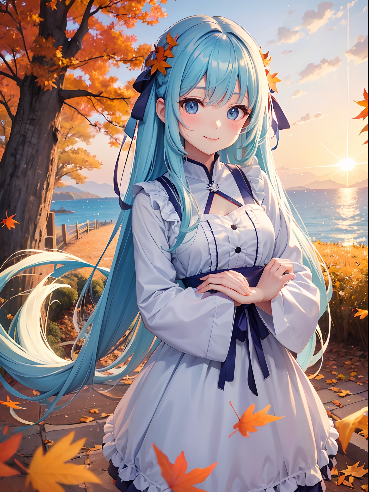 Park of autumn leaves The sun sets Pretty girl Light blue long hair Twin-tailed A charming smile Cute costumes Facing the front