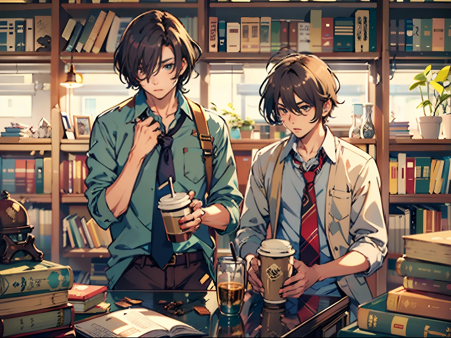 2boys,11 only、(Man's :2),(bobhair:1.5)、A dark-haired、Brown hair、Drinking coffee、chum、Brightly colored ties、Cluttered library、Twilight,Natural lighting、hightquality、masutepiece,8K,hight resolution、