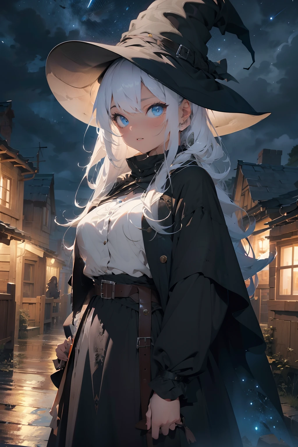 4k, high quality, cowboy shot, digital painting of beautiful young girl, witch, long white hair, flowing hair, giant witches hat, long black cloak, big breasts, fully clothed, layers of cloth clothing, witch clothes, covered in darkness, in the night, night time street, giant flowing cloak, encompassing cloak flowing, hints of green in the design, bright blue eyes, looking at viewer, cowboy shot