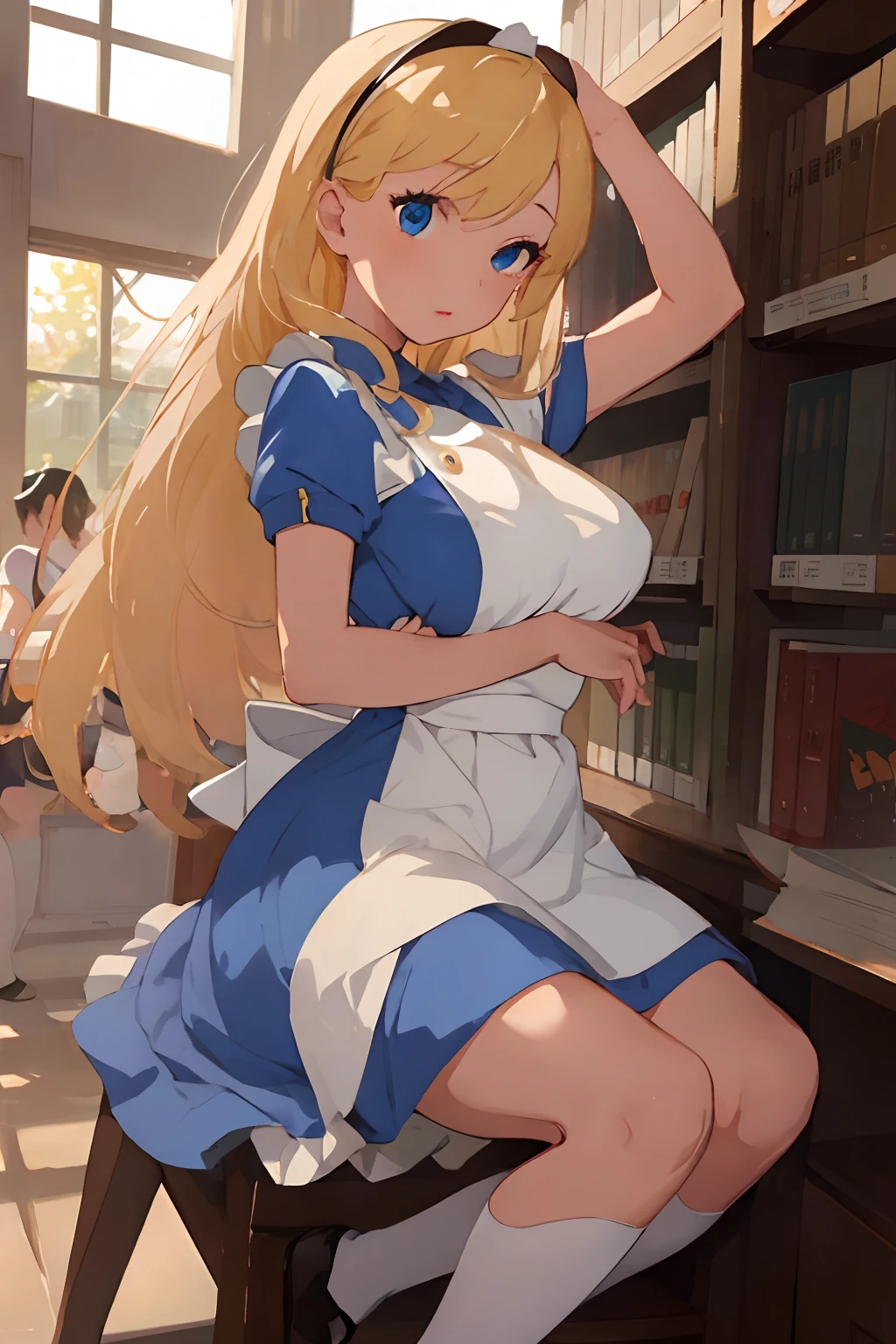 (masterpiece、top-quality;1.3)、ighly detailed、1girl in、atlibrary、Black Hair Band、Blonde long hair、big breast beauty、a blue dress、White Apron、a miniskirt、sitting on、opening legs