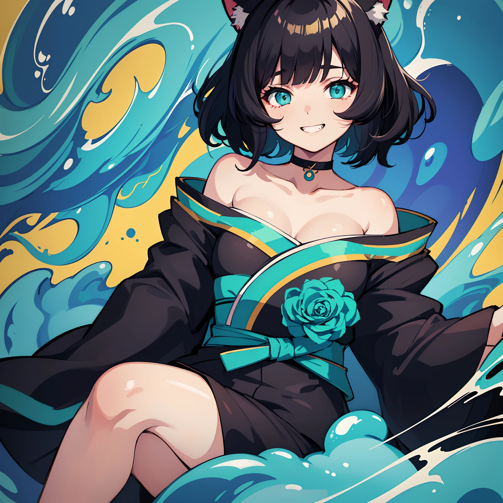 solo portrait catgirl, cat ears, (short black hair in a wavy bob-cut, turquoise highlights), soft round eyes, grin, smile, ((off-shoulder kimono dress)), dynamic, dramatic, simple background, slime, masterpiece, highest quality, (solo focus), (perfect face:1.1), (high detail:1.1)