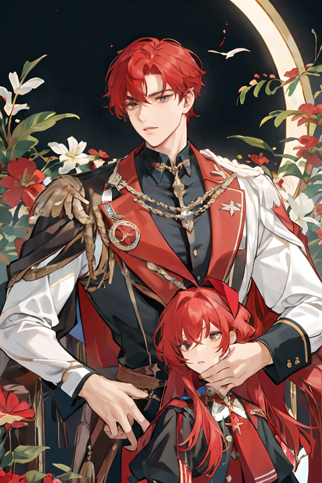 ((obra-prima: 1.2, melhor qualidade)), 4k, adulto, 1 homem, masculino, maduro, envelhecido, muito alto, Muscles, ombros largos, longos cabelos ruivos, mago, manto vermelho, paisagem, vento forte, big red hair, grande cabelo vermelho, large red hairs
