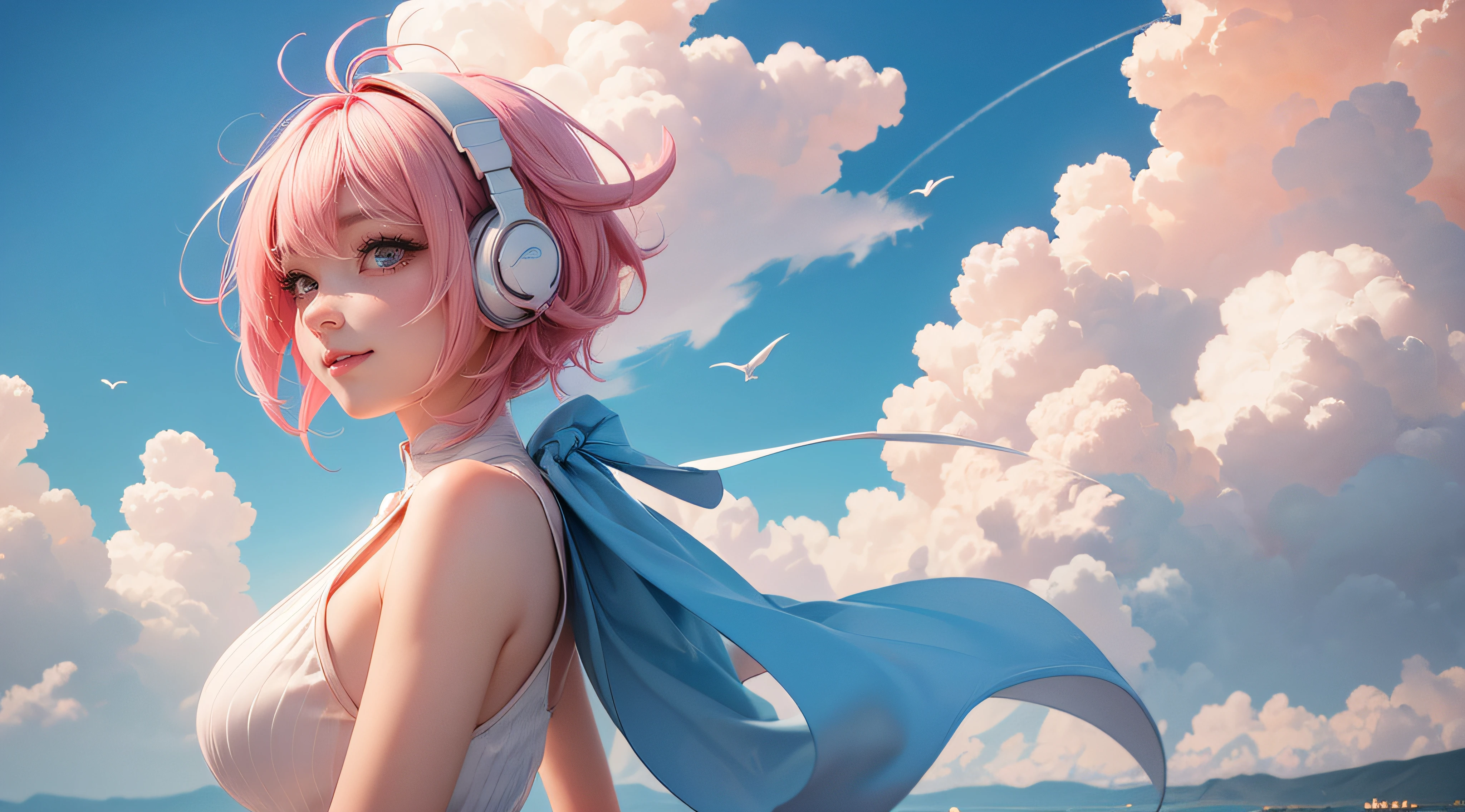 High quality, Very detailed, Clear Image, Profile anime girl, Have short pink hair, Hair in the wind, Golden Eyes, Smiling,Wearing neat and clean clothes、 close to the body, Blue sky, With moving clouds、Wearing headphones、eyes large、eyes gentle、Shortcut Hair