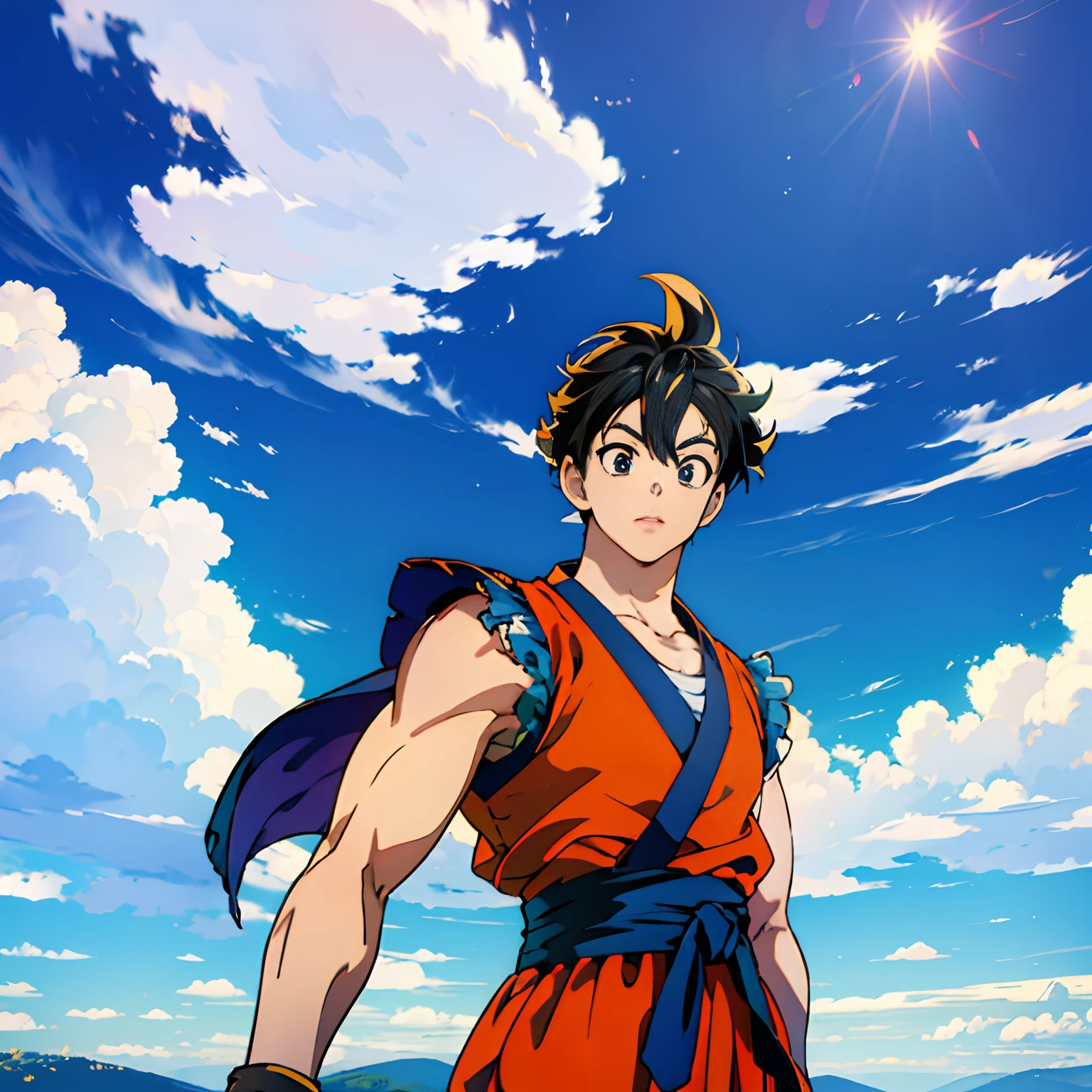 Goku Chibi, 1boys, Male focus, Super Saya people, Goku costume, Solo, sky, Cloud, day, Blue sky, Libido boy, En plein air, Upper body, overcast sky