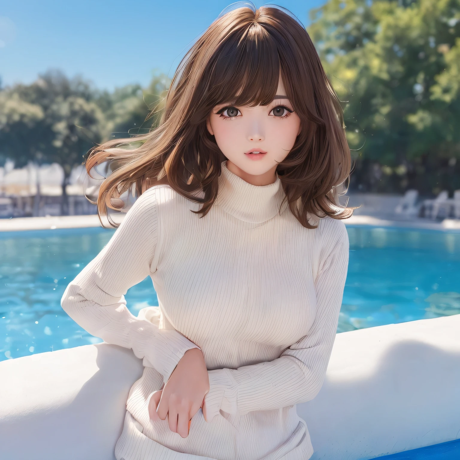 pureerosface_v1, top-quality, Photorealsitic, 8K, hight resolution, 2 girls in, femele, (Skindentation), (portlate:0.6), a gorgeous, dynamicposes, ((poolsidebackground:1.6)), coconut tree, ((Medium Size Round Breast, White High Neck Sweater:1.4)), See who looks straight:1.8, (1 Girl's eyes looking at the viewer, medium lenght hair, brown haired, partedbangs:1.65), (Bokeh), a smile:1.2, (Keep your mouth shut:1.16),