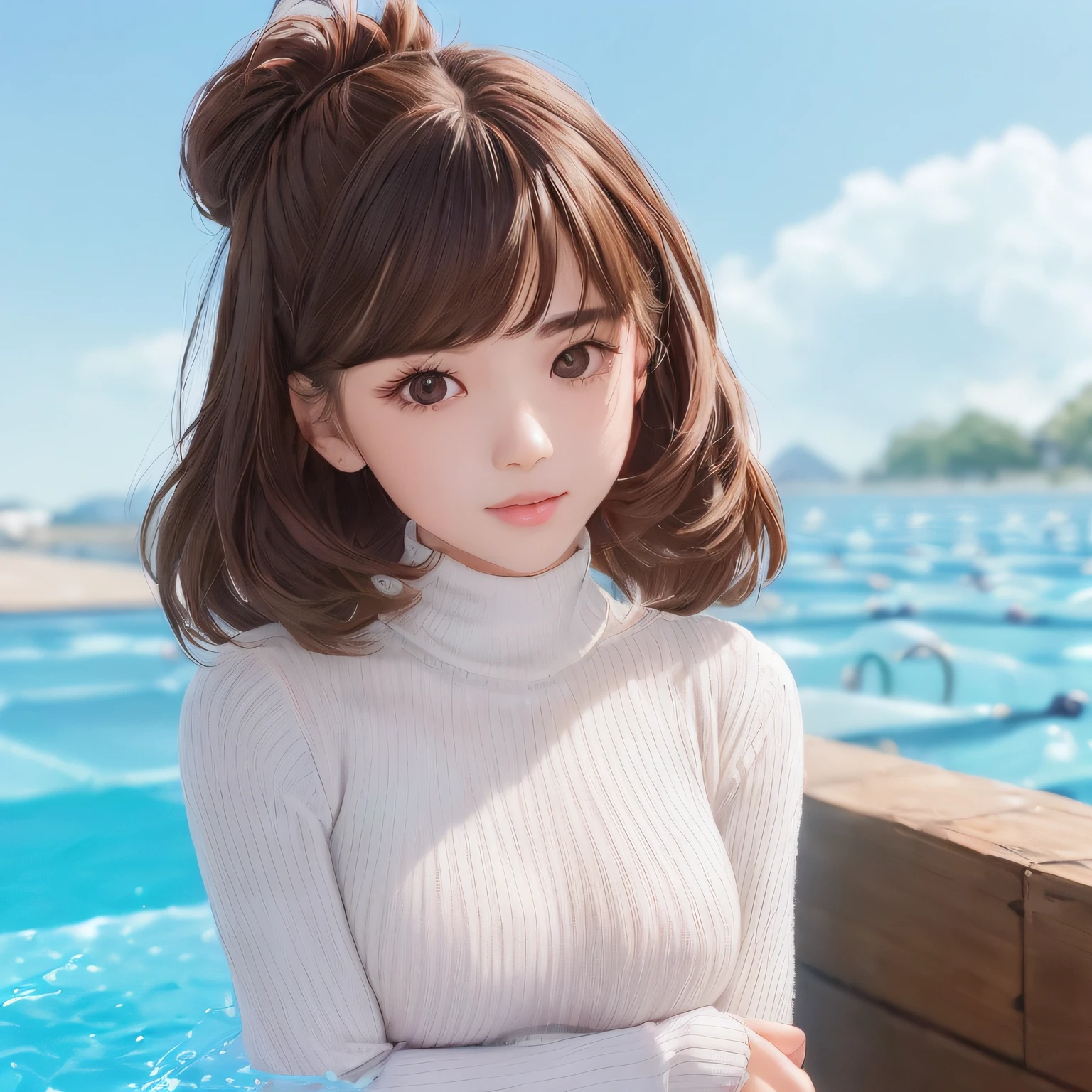 pureerosface_v1, top-quality, Photorealsitic, 8K, hight resolution, 2 girls in, femele, (Skindentation), (portlate:0.6), a gorgeous, dynamicposes, ((poolsidebackground:1.6)), coconut tree, ((Medium Size Round Breast, White High Neck Sweater:1.4)), See who looks straight:1.8, (1 Girl's eyes looking at the viewer, medium lenght hair, brown haired, partedbangs:1.65), (Bokeh), a smile:1.2, (Keep your mouth shut:1.16),