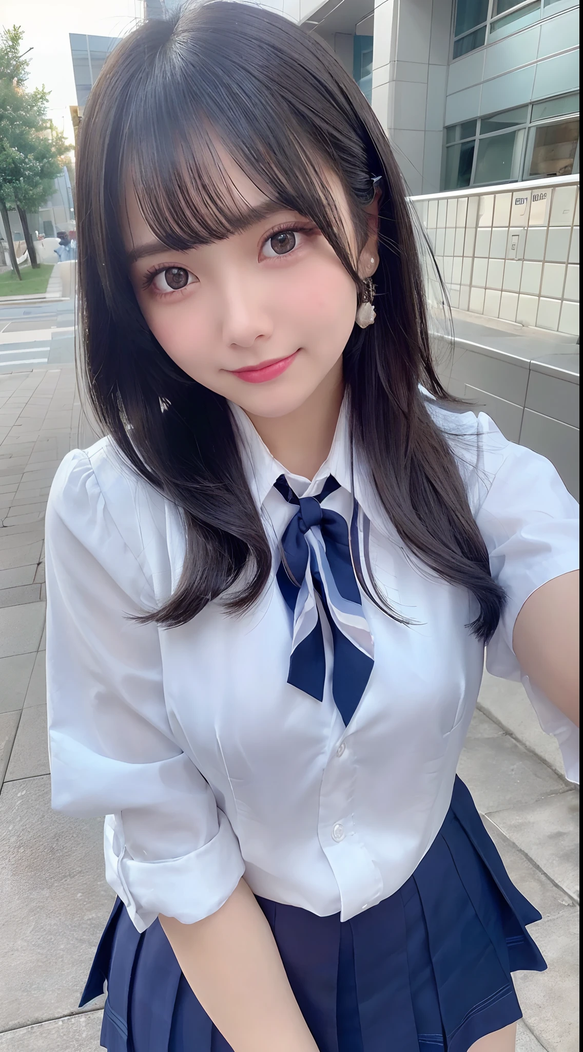 selfee、(from the front side),(Face:1.3),(Eye focus:1.4),(close up:1.3),(wide eyes:1.3),Attractive eyes,Eyelashes,Round eyes,jewelry eyes,Twinkle Eyes,slanted eye, eyesight, long eyelashes, Eye Highlights,(Smile with open mouth),look at viewr,Light transparency, Diffraction of light, Best Quality, masutepiece, High quality, High resolution, Detailed, (1womanl), (high-school uniform:1.5), Beautiful face, Full face blush:1.3, Beautiful eyes, (Blue-black hair), (semi long hair),((Hair to the shoulders:1.2)) (18year old,) (ample breasts:1.2), (A smile:1.2),perfect fingers in perfect hands,((A smile:1.2))