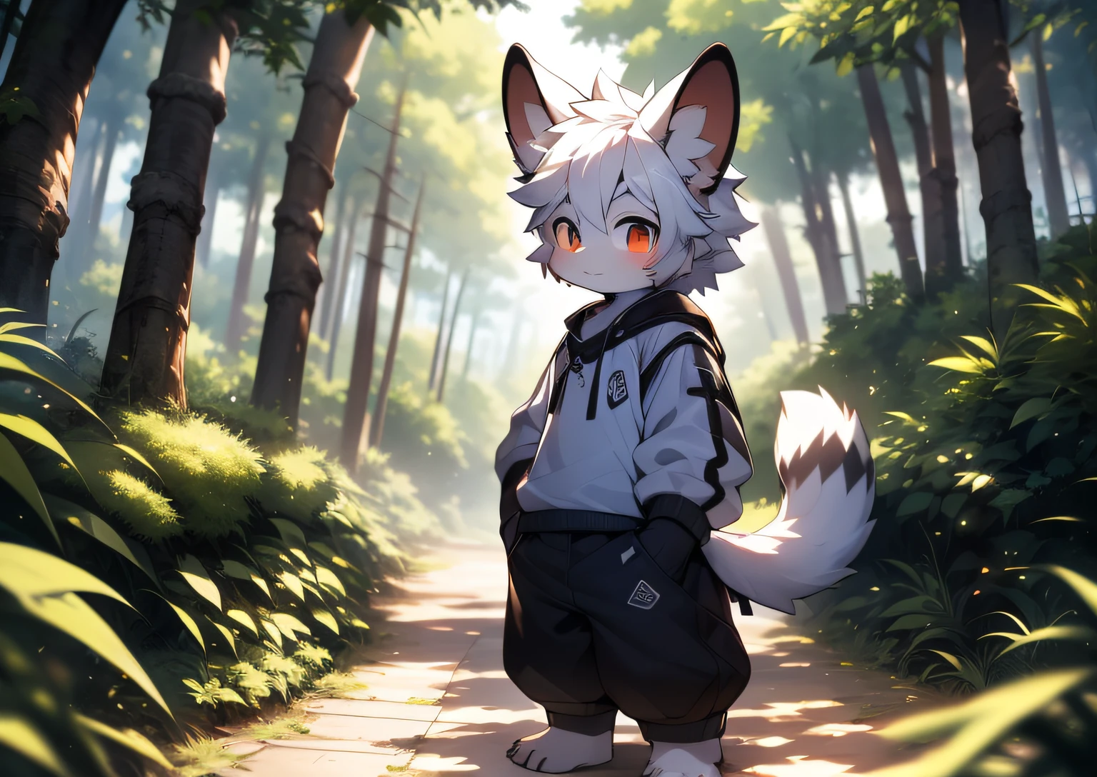Libido boy,Furry dragon,((Shota)), Black and white hair, Very good figure, Handsome,adolable, Light:Extreme light and shadow, Reflective skin,Reddish skin,((worn-out clothing,Commoner)) ,((Deep in the forest,Stone path,Signs,独奏,solo person)),Outdoor sunset,((the detail)),(depth of fields),standing on your feet
