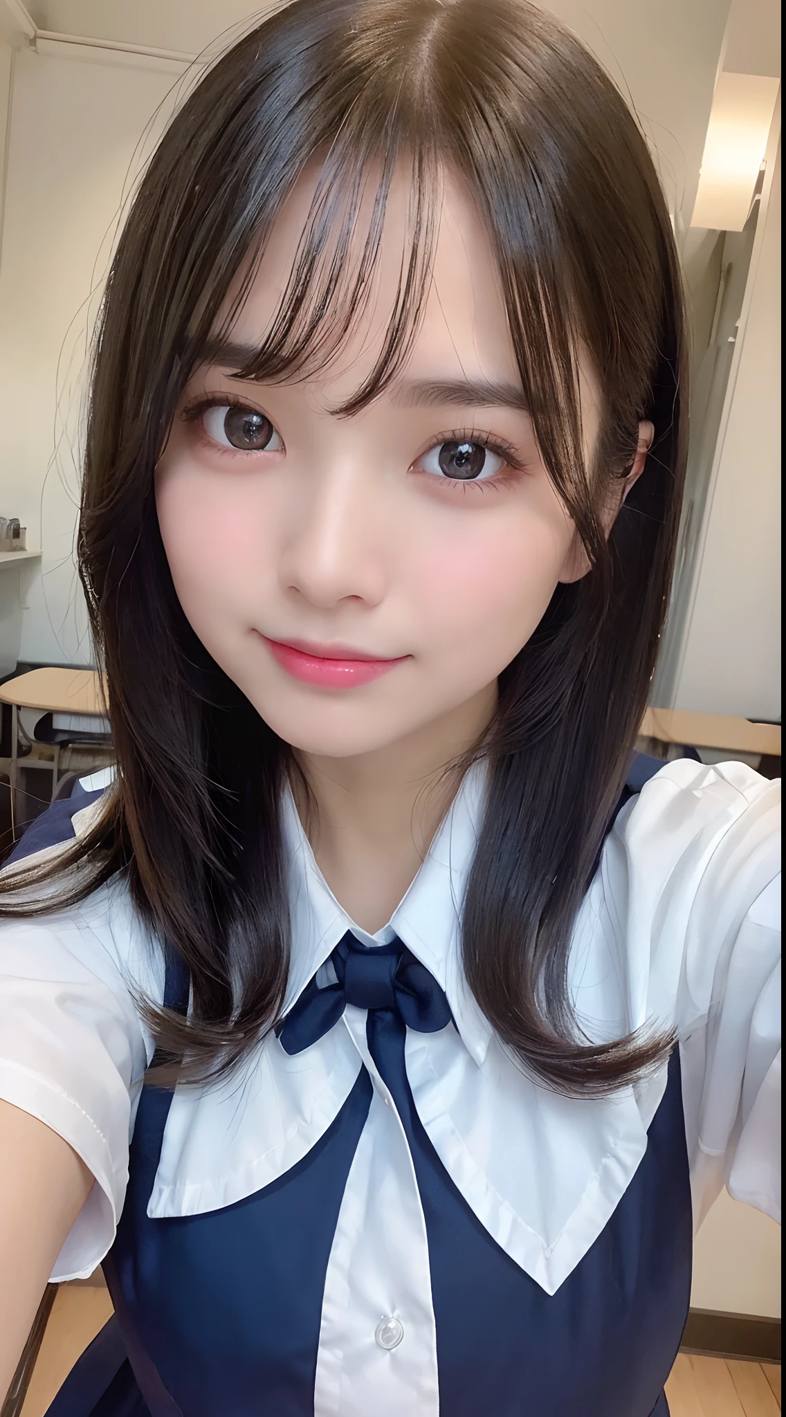 selfee、(from the front side),(Face:1.3),(Eye focus:1.4),(close up:1.3),(wide eyes:1.3),Attractive eyes,Eyelashes,Round eyes,jewelry eyes,Twinkle Eyes,slanted eye, eyesight, long eyelashes, Eye Highlights,(Smile with open mouth),look at viewr,Light transparency, Diffraction of light, Best Quality, masutepiece, High quality, High resolution, Detailed, (1womanl), (high-school uniform:1.5), Beautiful face, Full face blush:1.3, Beautiful eyes, (Blue-black hair), (semi long hair),((Hair to the shoulders:1.2)) (18year old,) (ample breasts:1.2), (A smile:1.2),perfect fingers in perfect hands,((A smile:1.2))