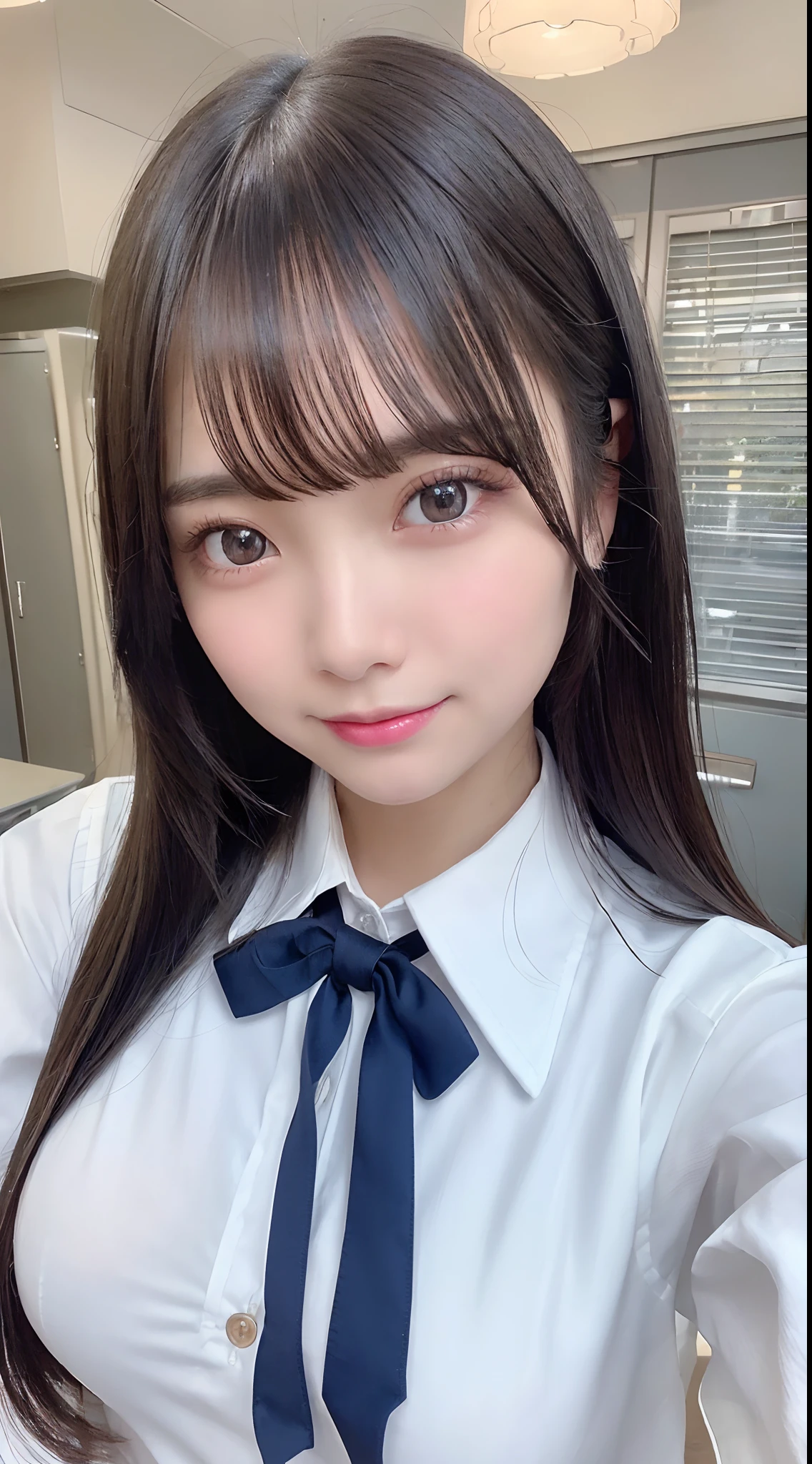 selfee、(from the front side),(Face:1.3),(Eye focus:1.4),(close up:1.3),(wide eyes:1.3),Attractive eyes,Eyelashes,Round eyes,jewelry eyes,Twinkle Eyes,slanted eye, eyesight, long eyelashes, Eye Highlights,(Smile with open mouth),look at viewr,Light transparency, Diffraction of light, Best Quality, masutepiece, High quality, High resolution, Detailed, (1womanl), (high-school uniform:1.5), Beautiful face, Full face blush:1.3, Beautiful eyes, (Blue-black hair), (semi long hair),((Hair to the shoulders:1.2)) (18year old,) (ample breasts:1.2), (A smile:1.2),perfect fingers in perfect hands,((A smile:1.2))