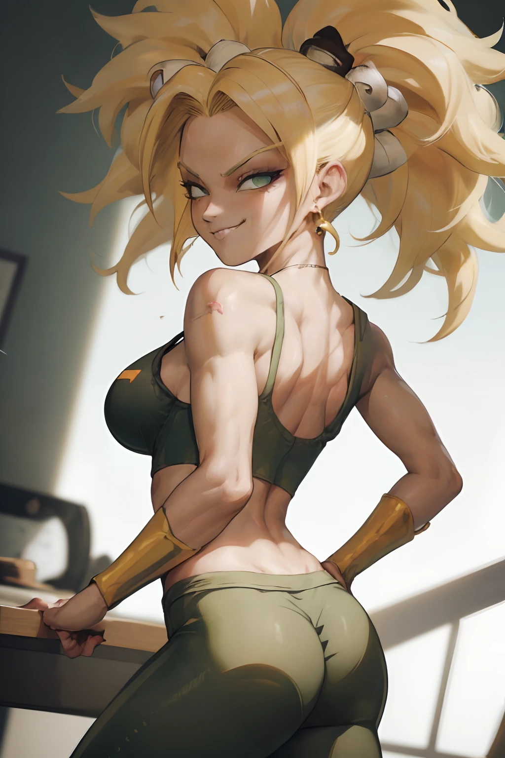 (best quality, masterpiece), blonde hair, green earrings, yoga pants, yoga bra, skin tight, toned, smug, smirk, kefla, thin waist, backlight,