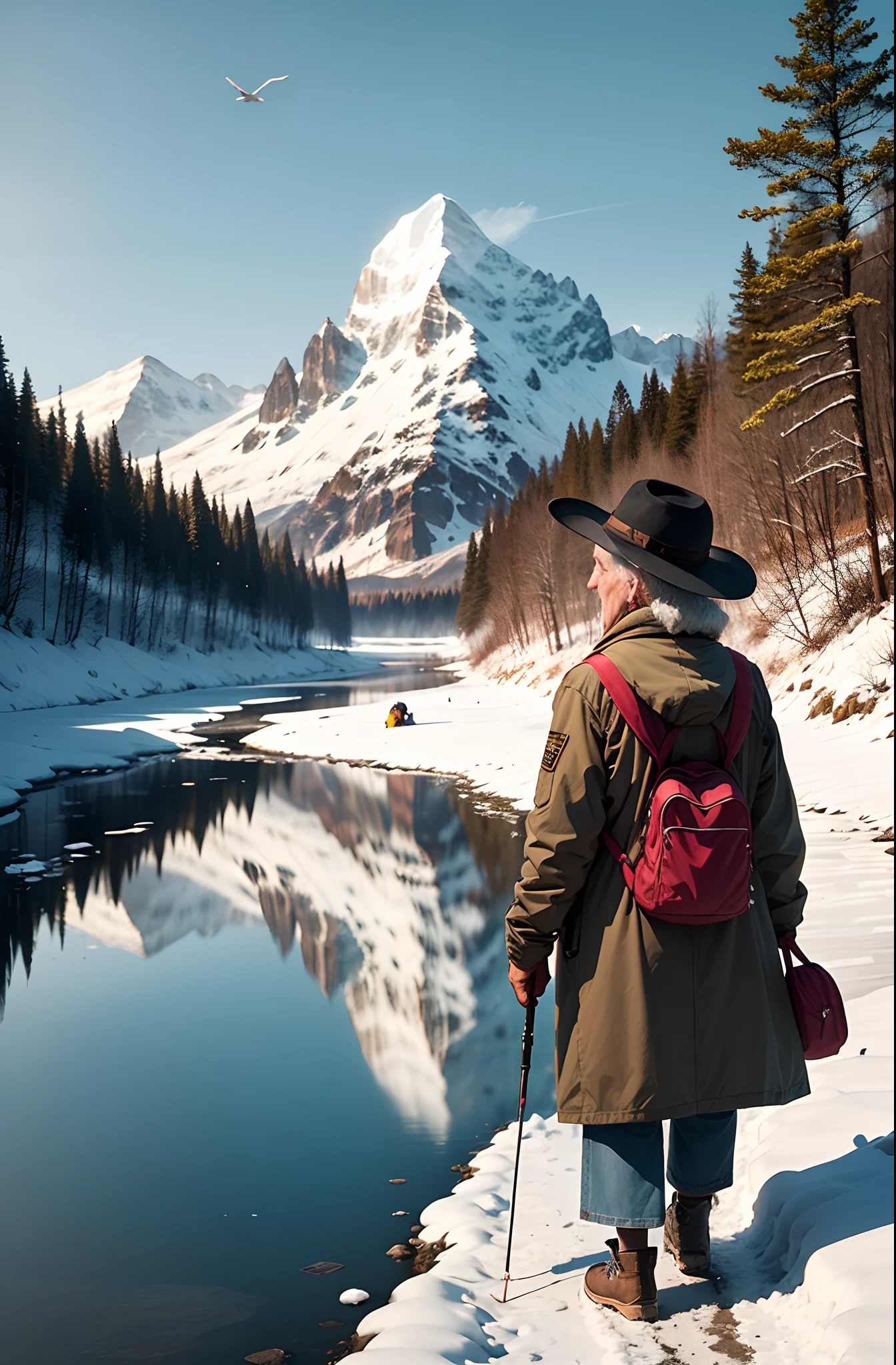 All the mountains, The shadow of the bird disappeared, The trail of people. On a riverboat, An old man in a girl's hat, Fishing alone in the wind and snow.