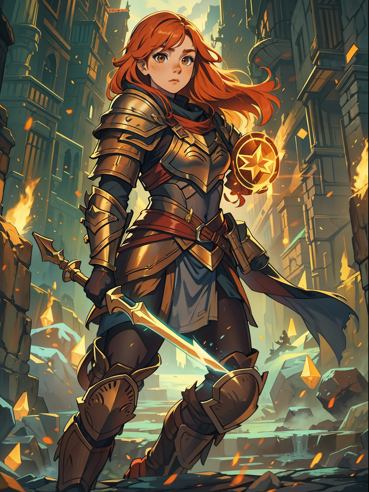 A young red-haired teenage woman with orange hair and brown eyes she has some freckles and a look of courage she is a warrior wearing a powerful magical armor for a medieval RPG, the background filled with magic and magical lights contour lights and cinematic lights in a mountain fortress, inspired by the Leona of League of Legends,  a powerful and resistant armor based on magic and a giant shield
