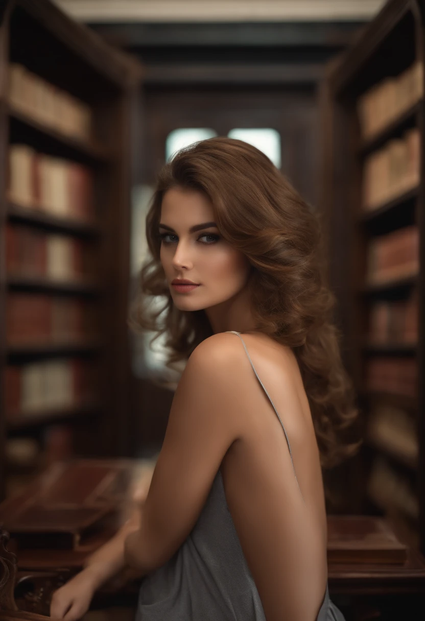 (Best quality,8k),Une belle jeune femme avec une silhouette parfaite,very sexy but with clothes,library,Legs wide open to the camera,assis,seins de taille moyenne,Highly detailed face and skin,detailled eyes, cheveux bruns, nue, recouvert de rien