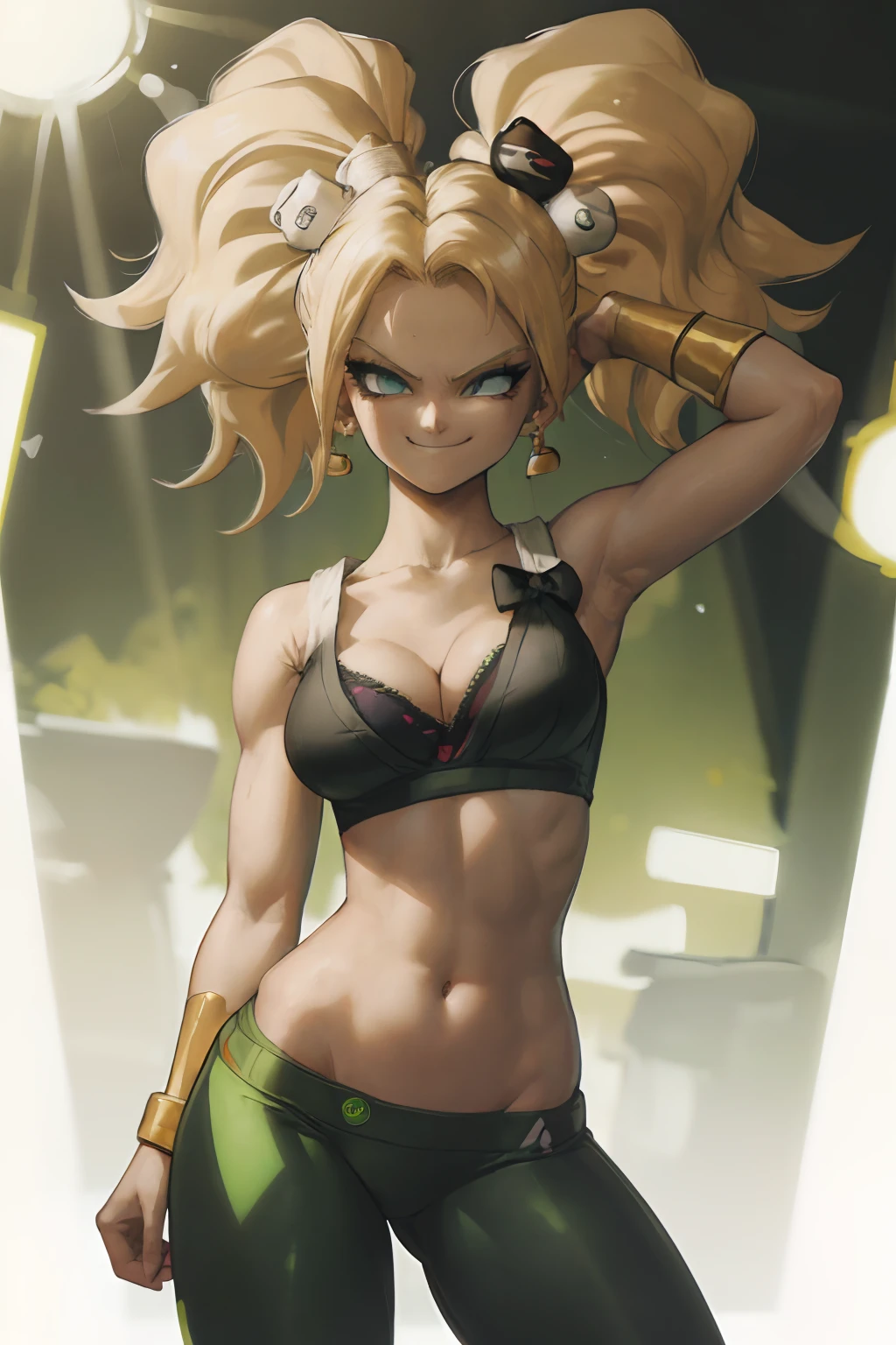 (best quality, masterpiece), blonde hair, green earrings, yoga pants, yoga bra, skin tight, toned, smug, smirk, kefla, thin waist, backlight,