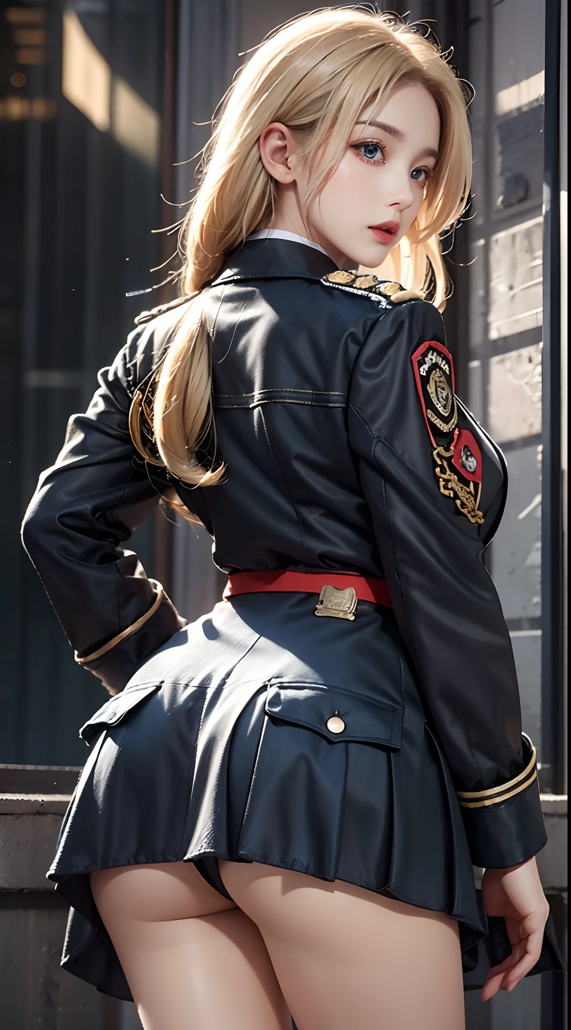 photorealistic, high resolution, soft lights, 1women, solo, hips up, blue eyes, blonde hair, long hair, military uniform, jacket, shirt, skirt, back view