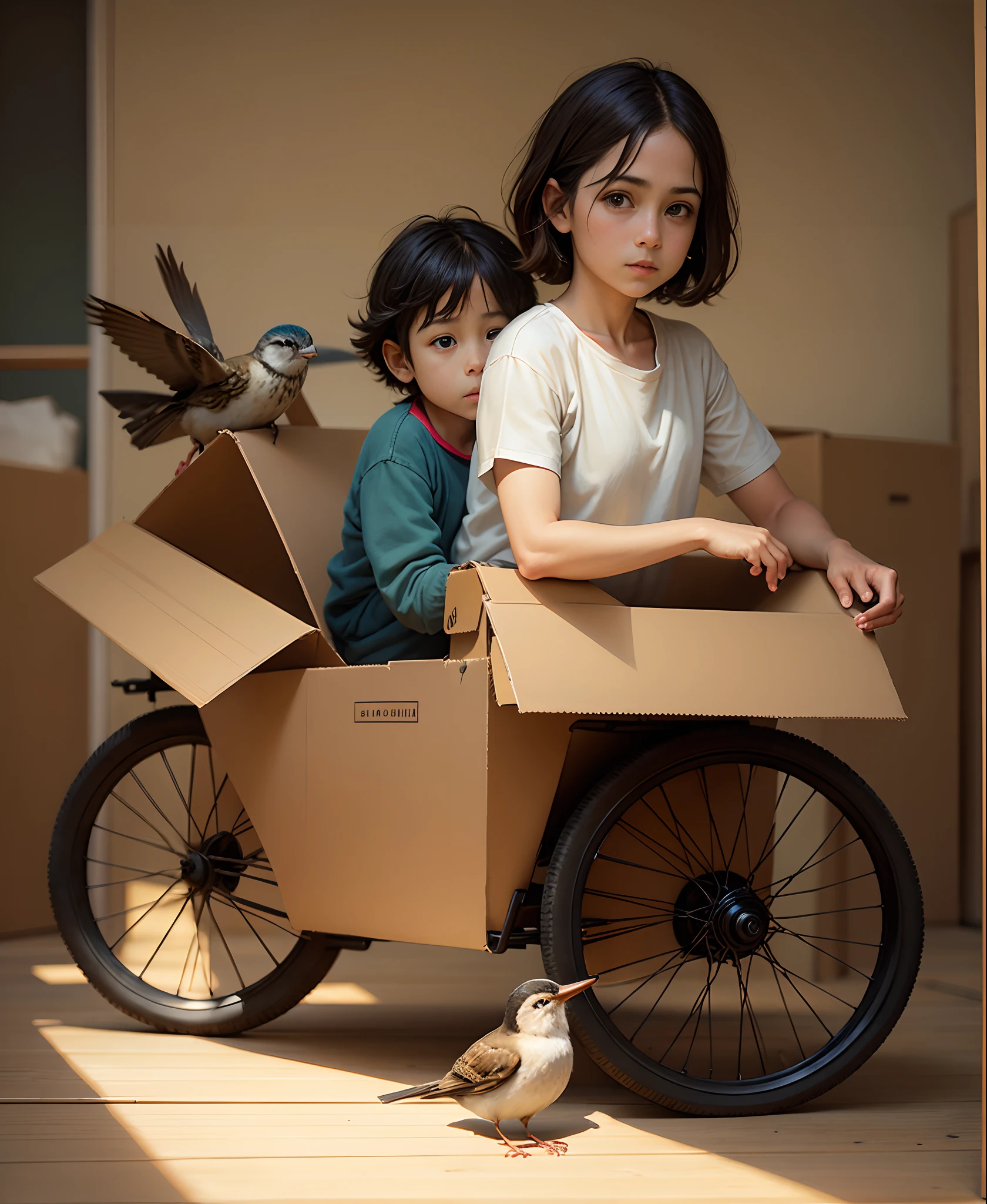 Nino driving a cardboard box with wheels and a bird inside, luz natural, Calidad realista, natural lighting, piso reflectante, Oil artwork,