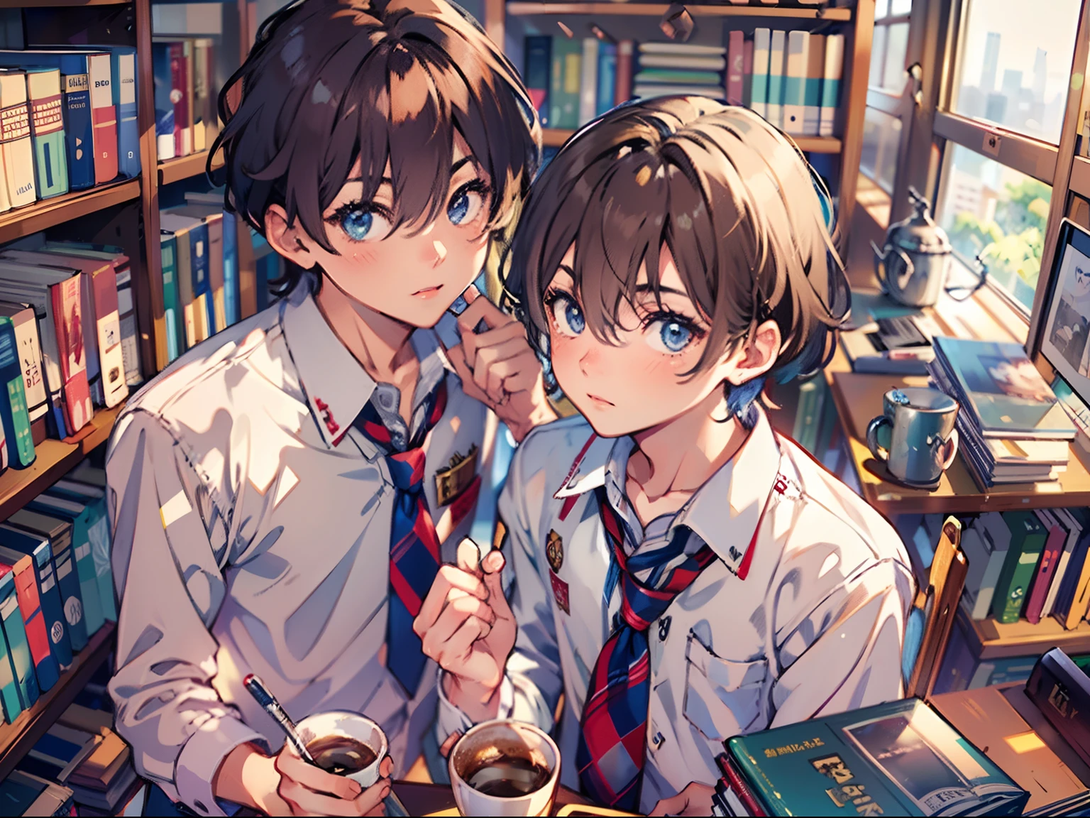 2boys,11 only、(Man's :2),(bobhair:1.5)、A dark-haired、Brown hair、Drinking coffee、chum、Brightly colored ties、Cluttered library、Twilight,Natural lighting、hightquality、masutepiece,8K,hight resolution、