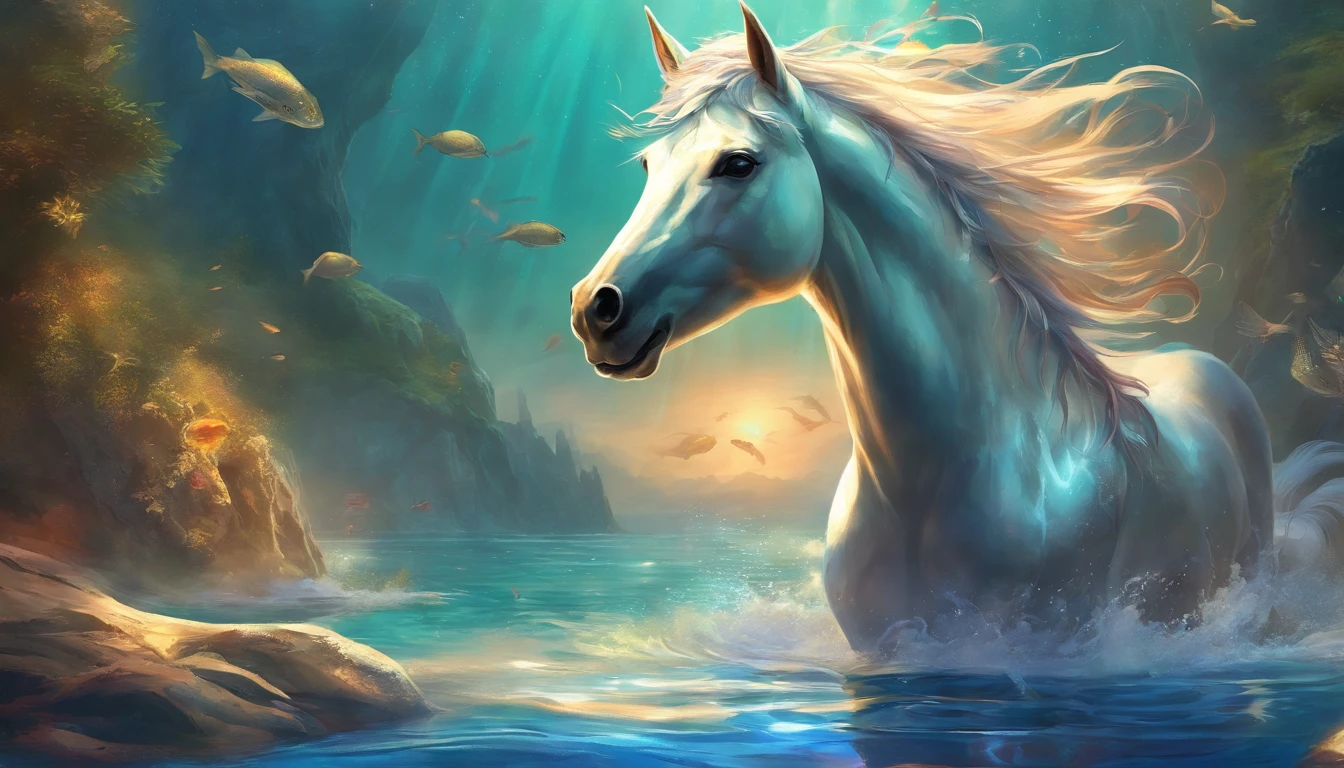 Best Quality,4K,hight resolution,masutepiece:1.2,Ultra-detailed,Realistic, kelpie, Horse and fish mix, Horse with fish tail in front of back, Shimmering scales,coming out of the water,kelpie,a mythical creature,glimmering light,Realistic water texture,Wet and shiny appearance,Wavy reflection,Aura of mythology,underwater landscape,Majestic presence,nature environment,serene ambiance,The existence of mysterious creatures,Ethereal lighting,Graceful movement,super powers,Quiet and quiet environment,Fantastic creatures,seductive beauty,Powerful and captivating gaze,Fine details,The myth of mythical creatures,slender and elegant figure,,Elements inspired by nature,Subtle shades,Detailed textures,Mythical existence,Deep in the waves,Lower body in water,Mythical horse-like features,water cascading,Dynamic and energetic poses