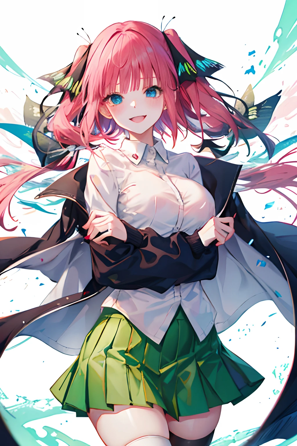 NSFW,The Bride of Fifths,Jino Nakano,a cool,Breast,Twin-tailed,Black long cardigan,open cardigan,whiteshirt,Light green skirt,floating,white thighhig, Open jacket, short pink red hair,Long black-green butterfly hair ornament with twin tails.,Tsundere,Blue eyes,Evil smile,Top image quality,Best Quality