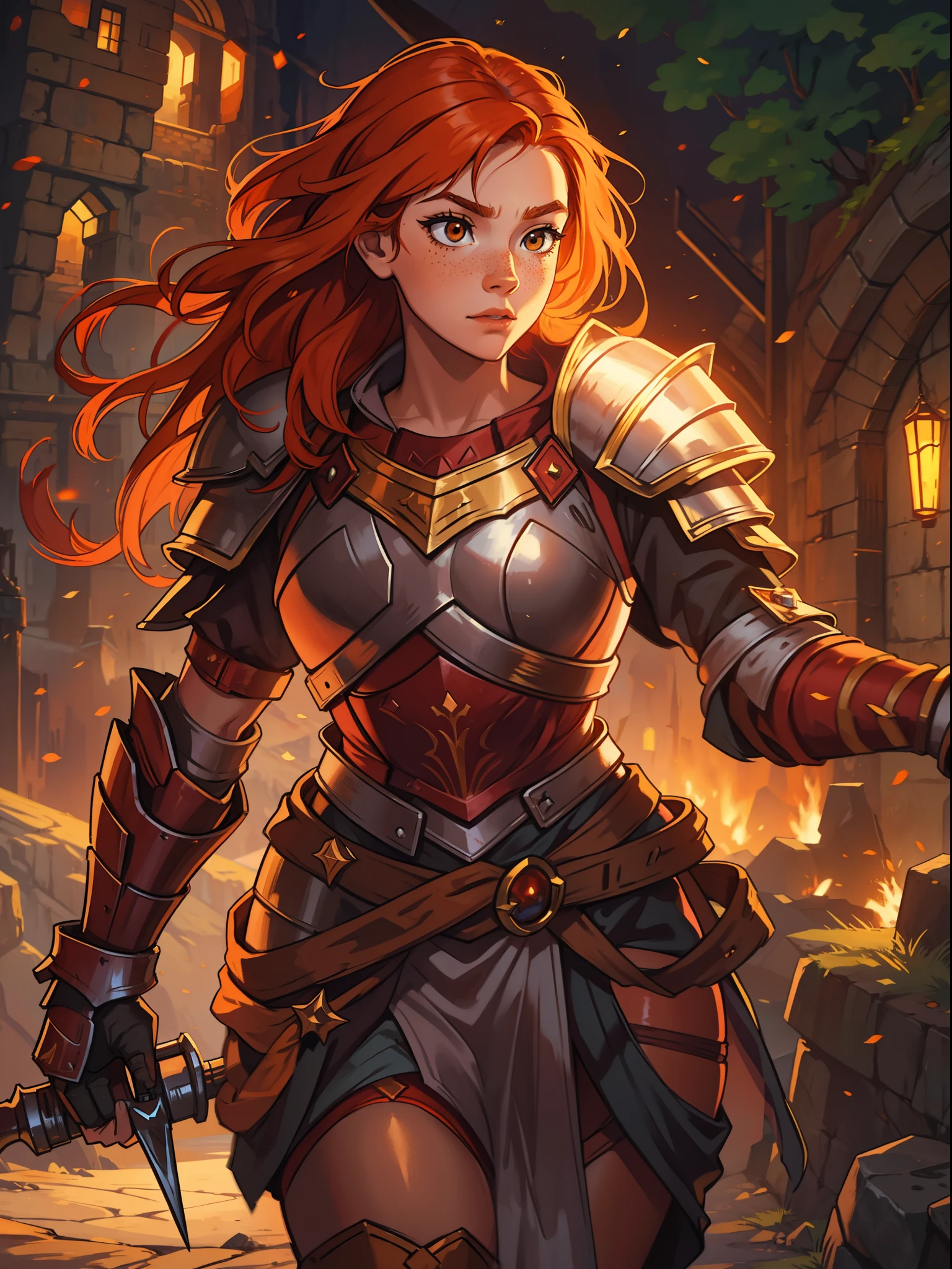 A young red-haired teenage woman with orange hair and brown eyes, she has some freckles and a look of courage, thigh gap, she is a warrior wearing powerful magical armor for a medieval RPG, the background filled with magic and magical lights, contour lights and cinematic lights in a mountain fortress.