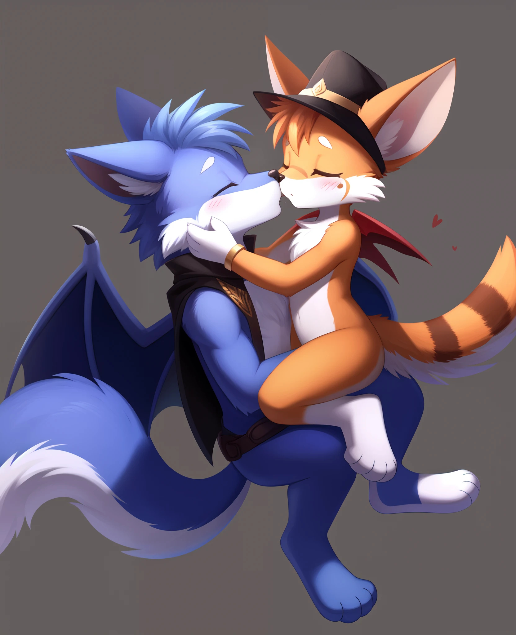 ancesra
dust:_an_elysian_tail
dust_(elysian_tail) fidget_(elysian_tail)
bat canid canine canis mammal wolf
1:1 2023 english_text hi_res
3_toes anthro arm_tuft blue_body blue_fur blue_hair blush cape cheek_tuft chest_tuft clothed clothing countershade_torso countershading daww duo ears_through_headwear elbow_tuft exclamation_point eyes_closed facial_tuft feet female flying fur gloves_(marking) grey_background hair hat hat_over_eyes head_tuft headgear headwear hindpaw holding_chin kemono kiss_on_lips kissing larger_male male male/female markings membrane_(anatomy) membranous_wings orange_body orange_fur paws simple_background size_difference smaller_female spots tail text toes tuft white_body white_fur white_paws white_spots wings