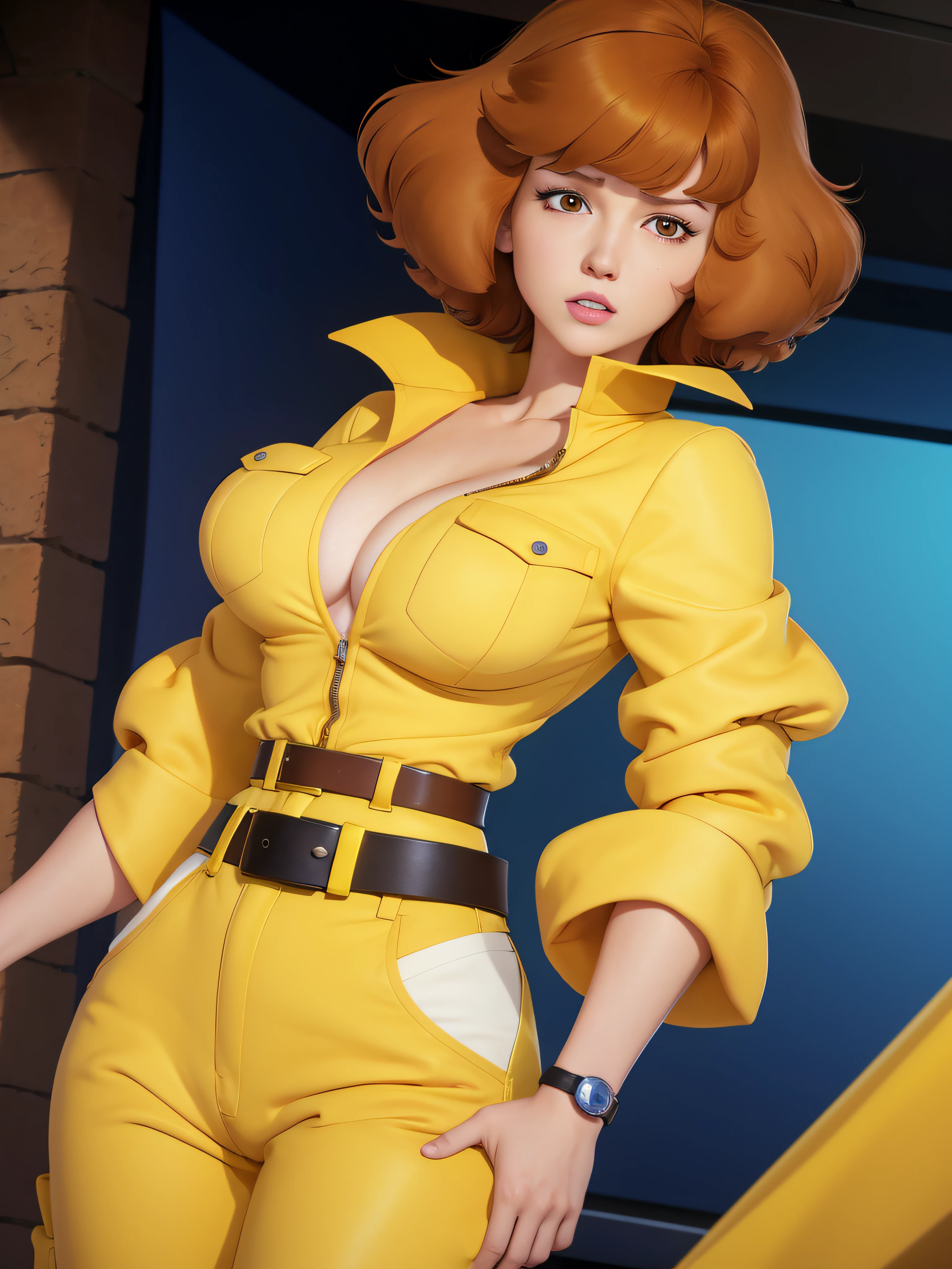 absurdres, april o'neil, 1girl, short brown hair, black eyes, upper body, yellow jumpsuit, sleeves rolled up, white belt