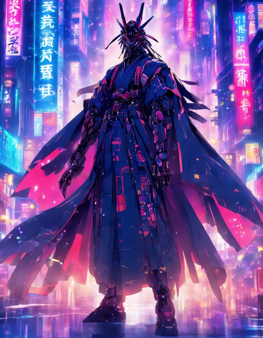 cyberfusion,Shinsengumi Haori assassin robot cyborg wearing robes cape,elite corporate security, cyberpunk shopping district