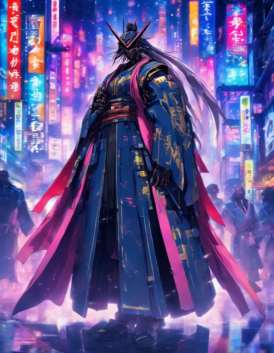 cyberfusion,Shinsengumi Haori assassin robot cyborg wearing robes cape,elite corporate security, cyberpunk shopping district