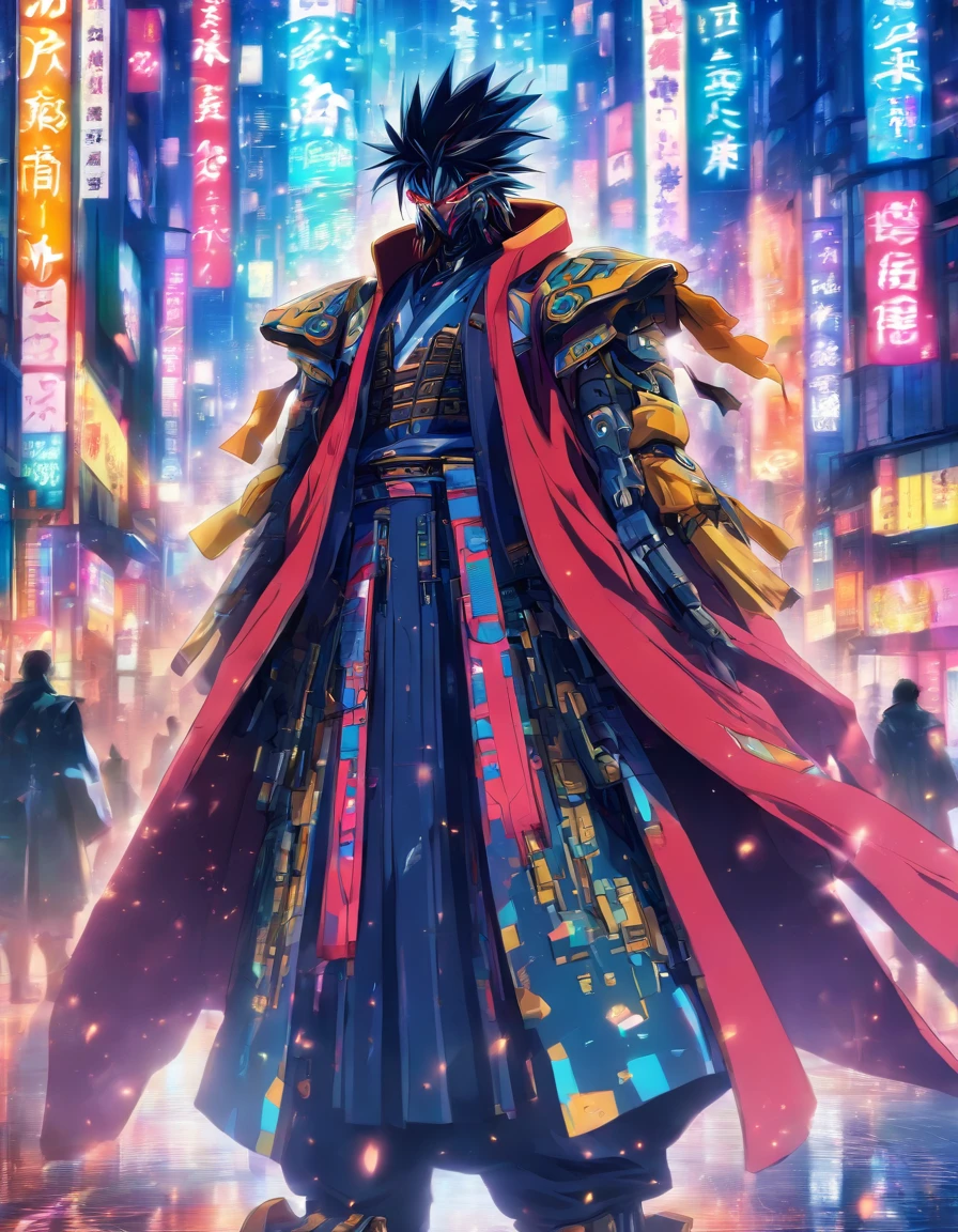 cyberfusion,Shinsengumi Haori assassin robot cyborg wearing robes cape,elite corporate security, cyberpunk shopping district