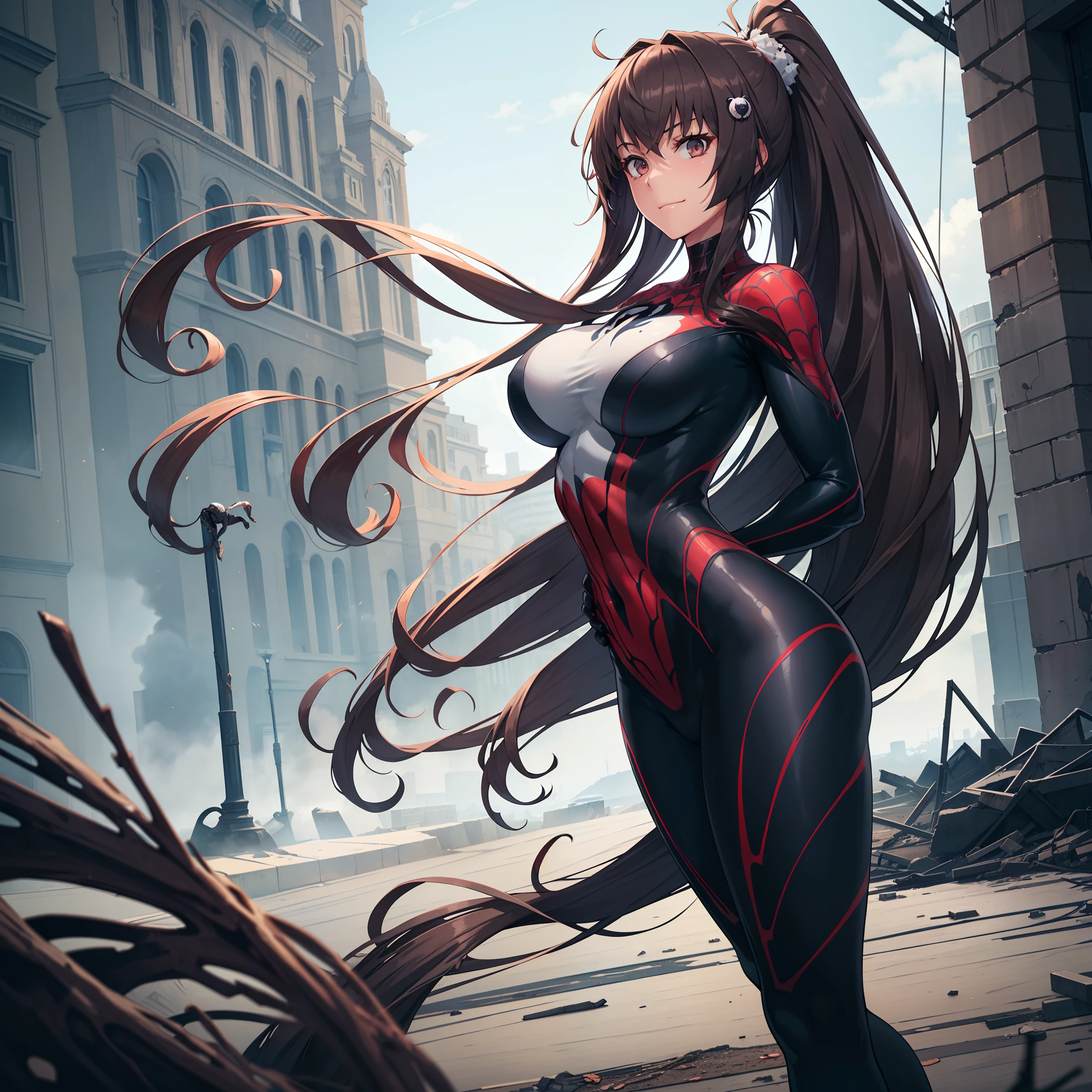 1girl,,gigantic breasts,standing in ruined city,(8k),scratches,detailed face,brown hair,brown eyes,very long hair,embarassed,small smile face,ponytail,hair ornament, high_res, high_definition,the battlefield,battle pose,dark suit, (symbiote spider man Custome:1.1),