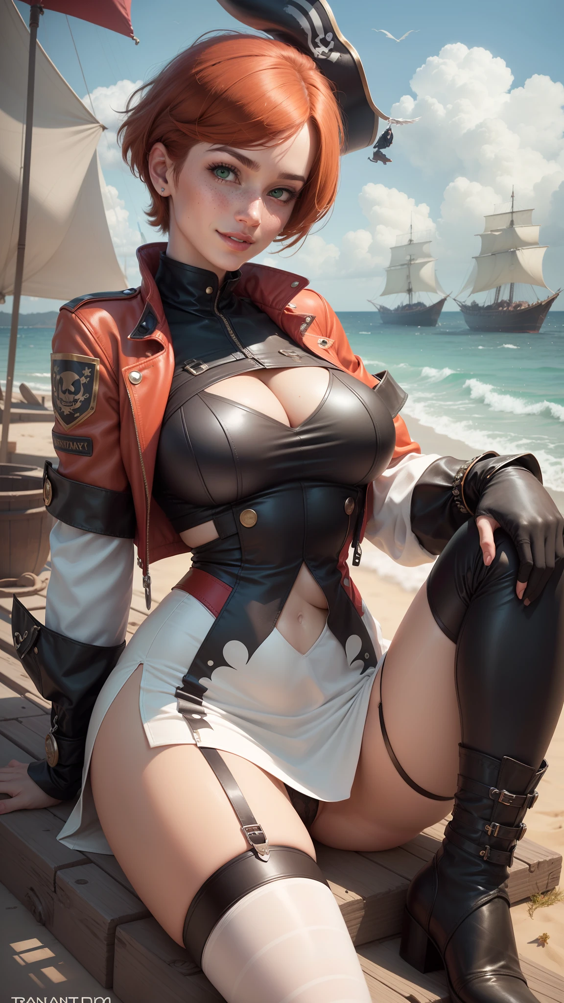 gwen tennyson,tracer,yorha 2b,nami, rebecca chambers,reisalin stout,pirate outfit,beach,teenager,green eyes,thigh high boots,garter belt,striped panties, short hair,orange hair,pirate ship,shy smile,ginger,white striped qipao dress, micro skirt,freckles,redhead,pirate jacket,beautiful girl,large breasts,ultra detailed,realistic,