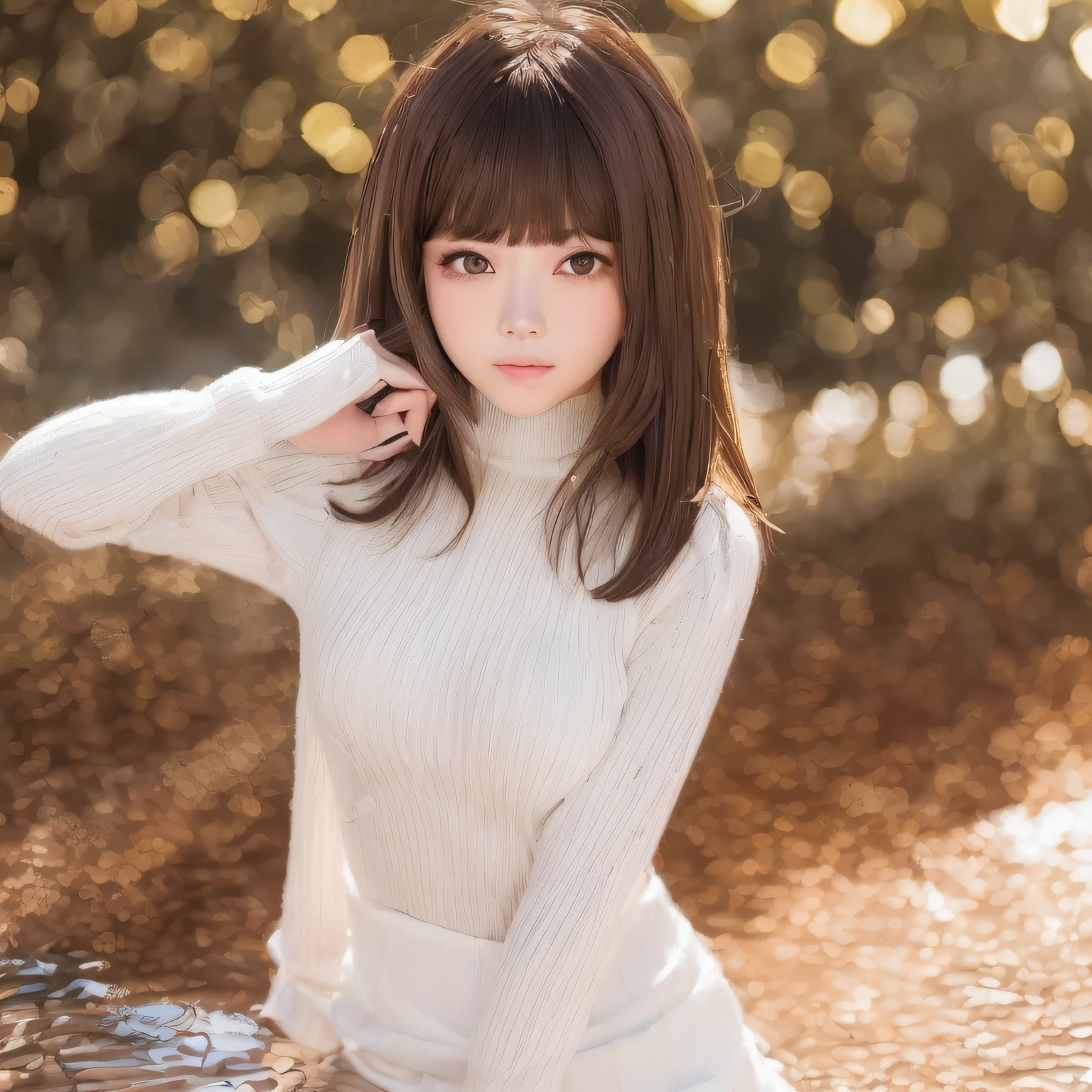 pureerosface_v1, top-quality, Photorealsitic, 8K, hight resolution, 2 girls in, femele, (Skindentation), (portlate:0.6), a gorgeous, dynamicposes, ((poolsidebackground:1.6)), coconut tree, ((Medium Size Round Breast, White High Neck Sweater:1.4)), See who looks straight:1.8, (1 Girl's eyes looking at the viewer, medium lenght hair, brown haired, partedbangs:1.65), (Bokeh), A smile:1.2, (Keep your mouth shut:1.16),