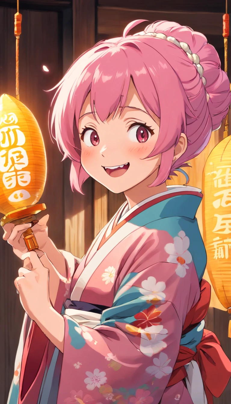 Old woman,pink hair,aunt look,front view,holding condom, laughing, kimono, open kimono, flashing viewer