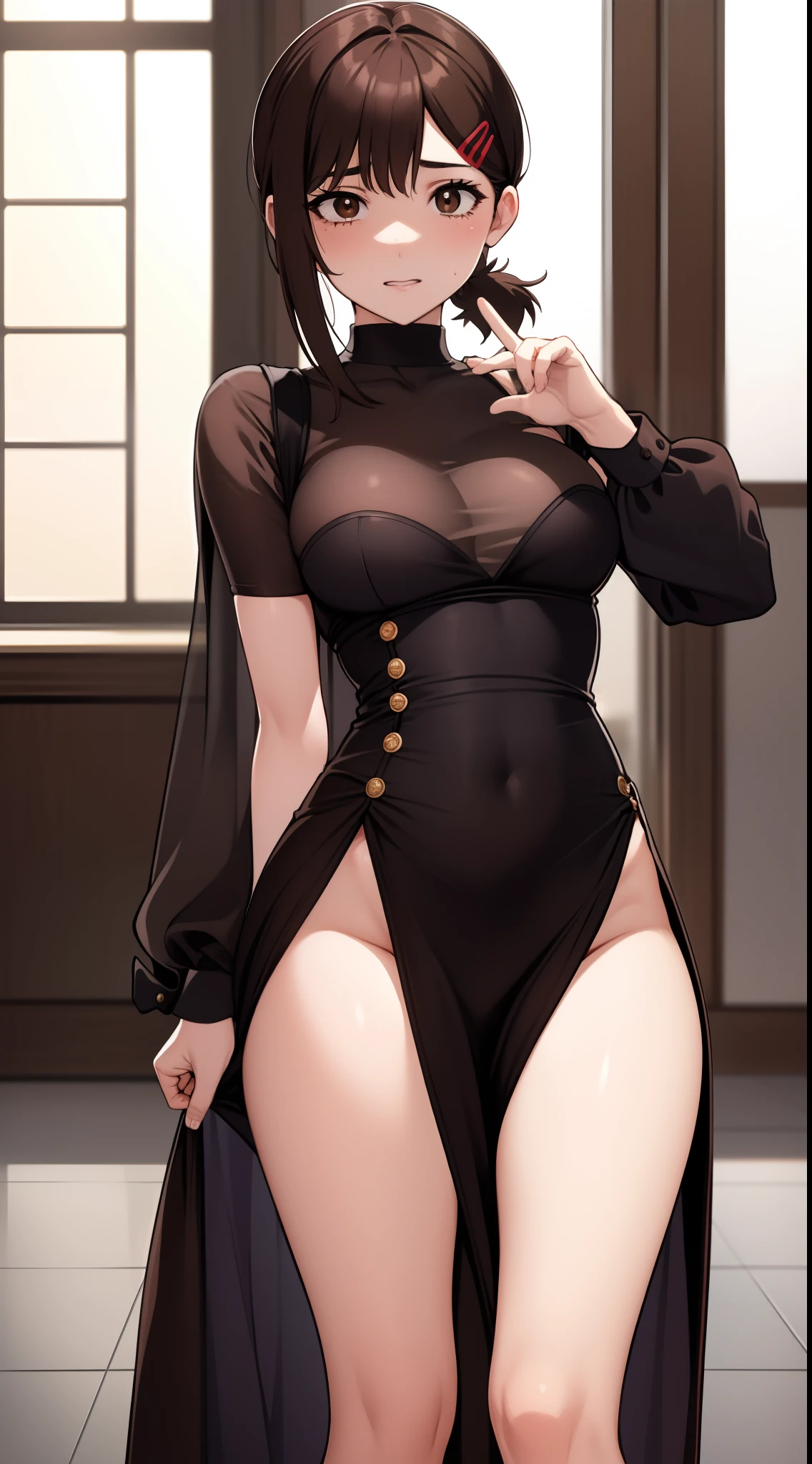 Kobenihigashiyama, kobeni higashiyama, cabello negro, adorno para el cabello, clip para el cabello, topo, lunar debajo del ojo, Cola de caballo, pelo corto, (brown eyes:1.5), tight dress, Big ass,
DESCANSO mirando al espectador,
DESCANSO en interiores,
QUEBRAR (Obra maestra:1.2), La mejor calidad, High resolution, Unidad 8K Fondo de pantalla, (illustration:0.8), (hermosos ojos detallados:1.6), Cara extremadamente detallada, Perf lighting (Manos perfectas, Perfect anatomy),