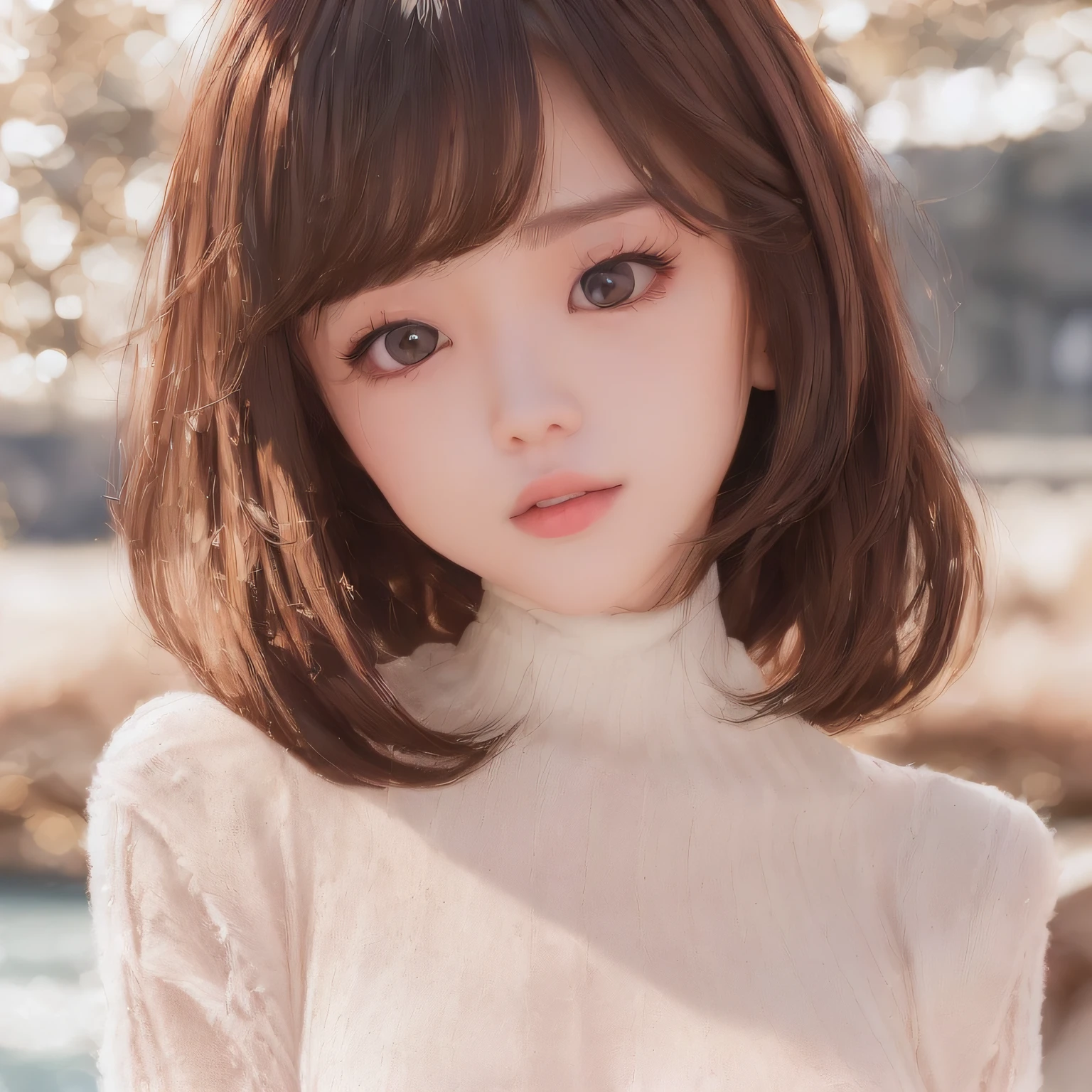 pureerosface_v1, top-quality, Photorealsitic, 8K, hight resolution, 2 girls in, femele, (Skindentation), (portlate:0.6), a gorgeous, dynamicposes, ((poolsidebackground:1.6)), coconut tree, ((Medium Size Round Breast, White High Neck Sweater:1.4)), See who looks straight:1.8, (1 Girl's eyes looking at the viewer, medium lenght hair, brown haired, partedbangs:1.65), (Bokeh), A smile:1.2, (Keep your mouth shut:1.16),