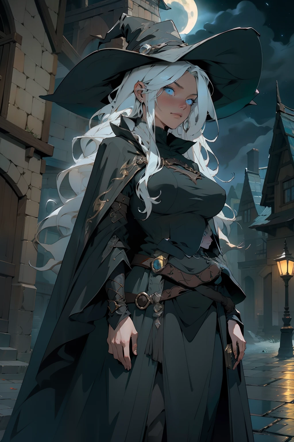 4k, high quality, cowboy shot, digital painting of beautiful young girl, witch, long white hair, flowing hair, giant witches hat, long black cloak, big breasts, fully clothed, layers of cloth clothing, witch clothes, covered in darkness, in the night, night time street, giant flowing cloak, encompassing cloak flowing, hints of green in the design, bright blue eyes, looking at viewer, cowboy shot