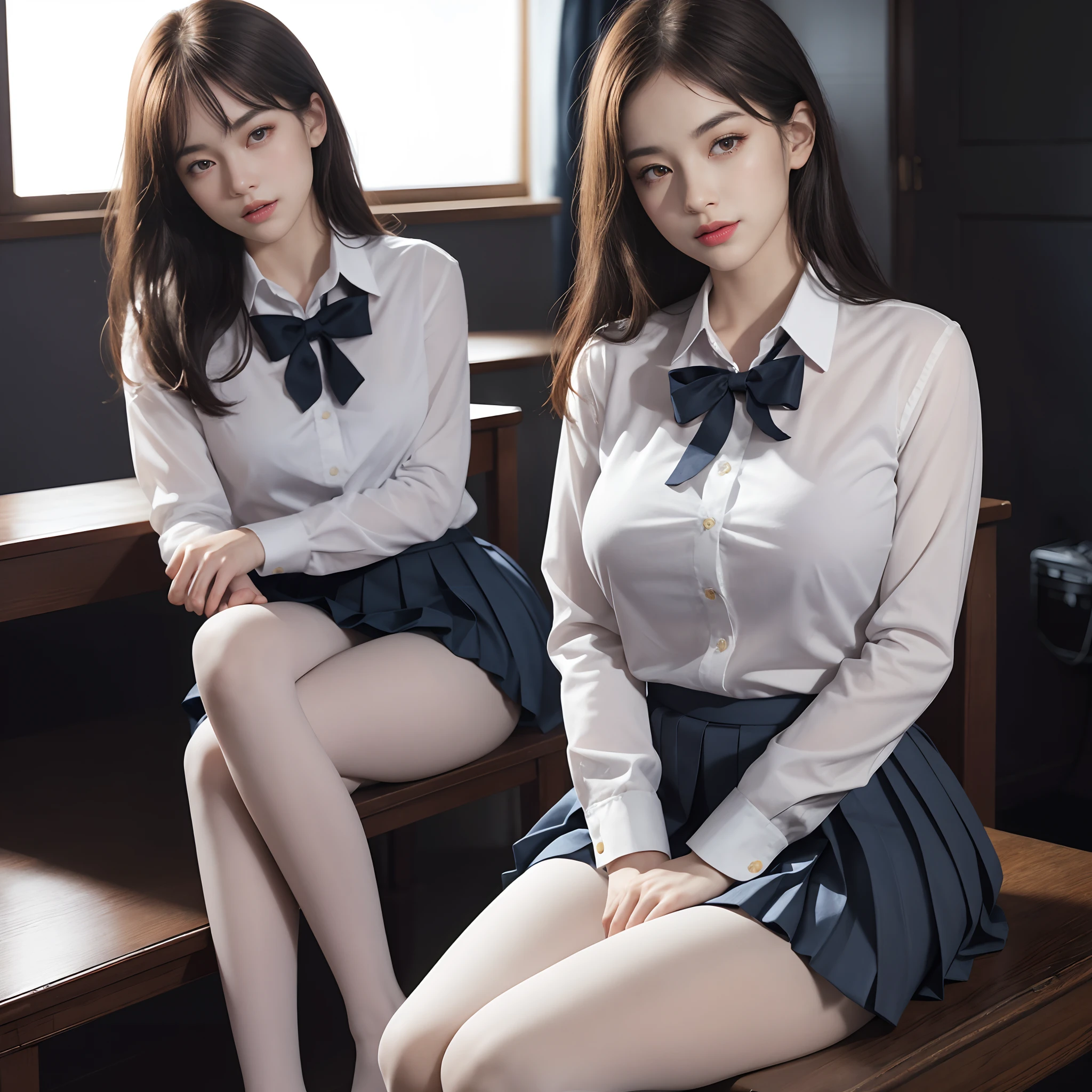 ultra realistic 8k cg, picture-perfect face, flawless, clean, masterpiece, professional artwork, famous artwork, perfect face, beautiful face, beautiful eyes, ((perfect female body)), solo,(immersive atmosphere, chiaroscuro:1.5,bright light:1.2,luminous lighting)
,,(blush:0.5),seductive expression,extremely detailed_eyes,thick thighs,large breasts,
beautifully detailed background,depth of field,realistic:1.3, long shot,1girl,shirt,pleated skirt, school uniform, sitting, full body,
(ambient light:1.3),(cinematic composition:1.3),(neon lights:0.1),(HDR:0.1),Accent Lighting, white pantyhose,