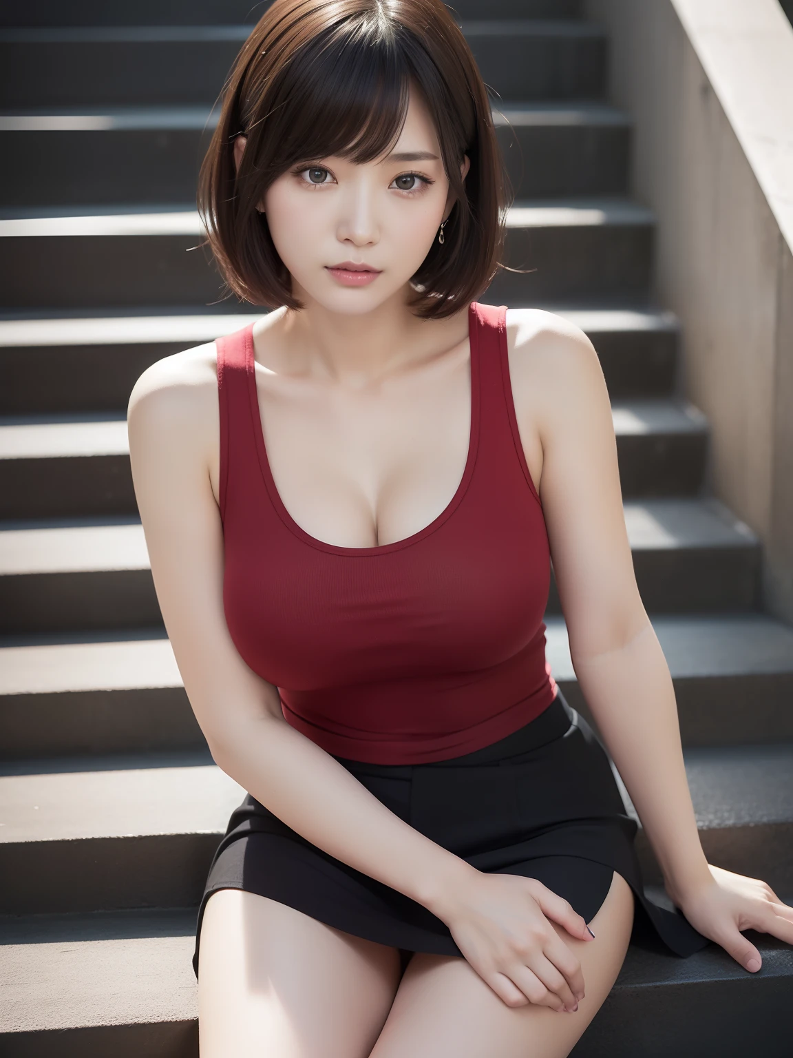 ((​masterpiece))、((top-quality))、a picture、Realisticity、high-level image quality、Advanced depth of field、ultra-detailliert、Realistic lighting、((mid night))、((After work))、((stairway))、I have documents in my hands、married woman、age 40s、Delicate facial features、Plump body、Sweating、large full breasts、((Red tank top))、Black miniskirt、no-bra、short-hair、teats、a captivating gaze、