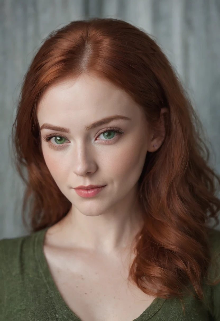 fair complexion, woman around 27 years old, natural red hair, distinctive green eyes, wearing kohl, chubby belly, beautiful, candlelight, ultra sharp focus, realistic shot, crop top and jeans, tetradic colors (scar:1.4)