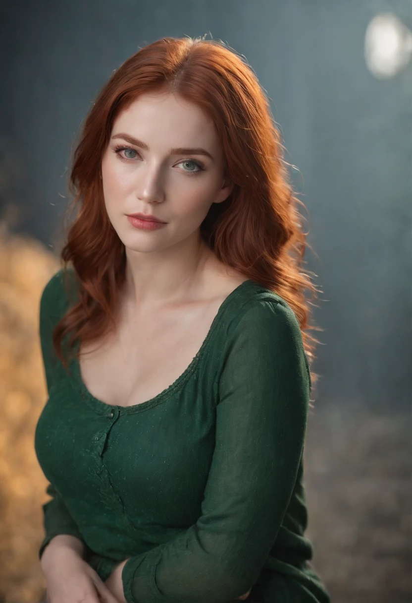 fair complexion, woman around 27 years old, natural red hair, distinctive green eyes, wearing kohl, chubby belly, beautiful, candlelight, ultra sharp focus, realistic shot, crop top and jeans, tetradic colors (scar:1.4)