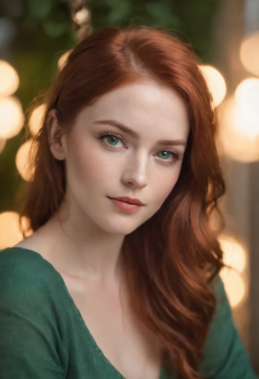 fair complexion, woman around 27 years old, natural red hair, distinctive green eyes, wearing kohl, chubby belly, beautiful, candlelight, ultra sharp focus, realistic shot, crop top and jeans, tetradic colors (scar:1.4)