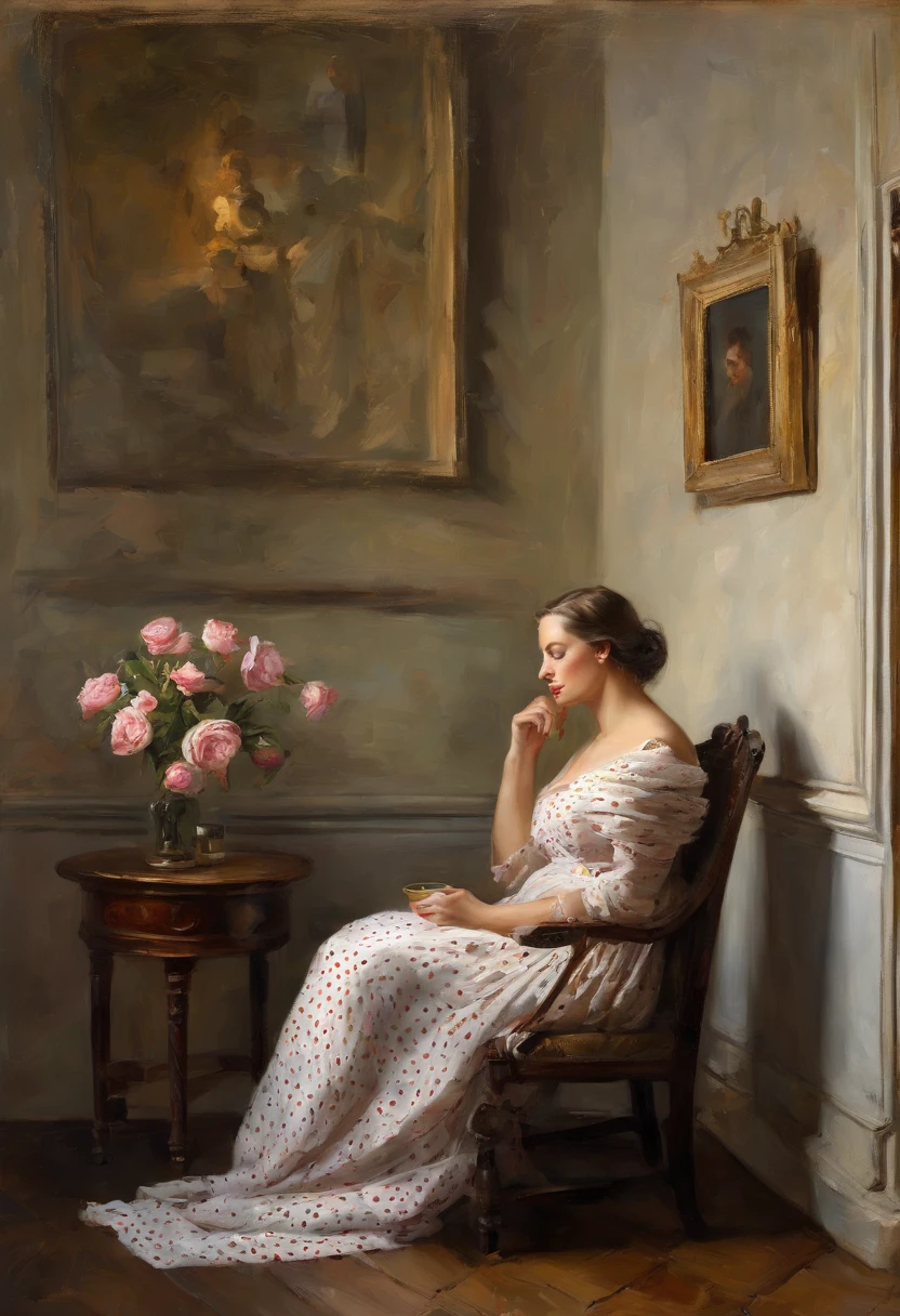A Highly detailed, realistic thick Oil painting of a woman with a black cat on her lap looking for affection, Glass jar with pink roses on side table, slumped down in a chair with her feet upshe fell asleep while reading a book, she is nodding off, by open window witha bird purched on the ledge watchihng her sleep peacefully, {{net curtains blowing with window breeze breeze}} clay interior walls, her eyes closed, perfect arms and hands, elegant in nature, beautiful backlighting on hair, full lips, wavy hair, up-do, her elbow leaning on arm of chair, {{Antique rosewood armchair / Georgian button back chair}}, with her hand resting under her chin, smiling about the events of the day, wearing a beautiful polka dots dress, with exposed cleavage, {{nudity}} breasts exposed and hanging out, {{1 breast out leaking milk from nipple}}, ((golden ratio}} sleepy after a long day, a sensual painting, a Beautiful expressive painting, Wadim Kashin. Ultra photo realism, Louise Ross, digital painting art, Perceptual digital painting, Stylish digital painting, Bonito painting, glossy digital painting, beautiful digital painting, digital art painting, Fine paintings, thick strokes, pallette knife, impasto, Albrecht Dürer, Rembrandt, baroque art, alla prima, sfumato, chiaroscuro, intense light, {{catchlight}}