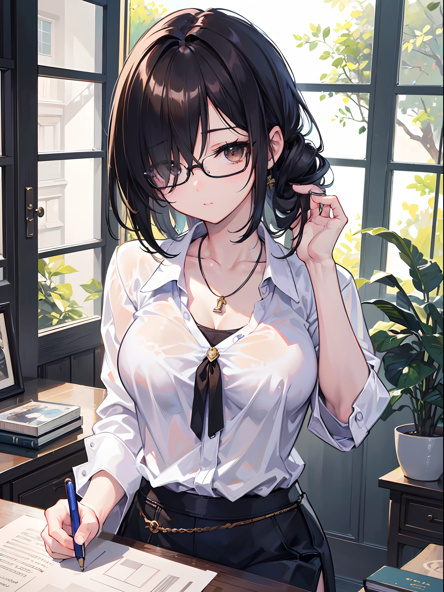 In bedroom, high resolution, extremely detailed photography, hyper realistic, professional lighting, octane render, portrait, detailed bust, abandoned scene, 8k, masterpiece, best quality, award winning, by kishin shinoyama. 1girl, brown eyes, black hair, hair over one eye, White shirt, skirt, glasses, hand on glasses, necklace, large breasts, reading book, smooth cg art, detailed digital art, [ 4 k digital art ]!!, 8k artgerm bokeh, photorealistic render, artwork in the style of guweiz, marin kitagawa fanart, fanart best artstation