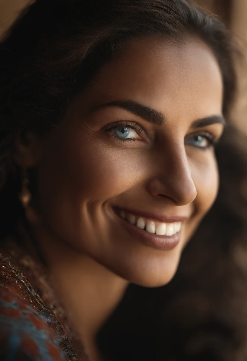 moroccan, focus on the nose, sharp nose, A captivating portrait of a woman grinning, her entire face, including her nose, sharply in focus. Her light blue eyes are illuminated by natural light. Photographed by the acclaimed Sally Mann with a Hasselblad X1D II and an 80mm f/1.9 lens, the settings were f/2.8, ISO 64, and 1/180s. Ambient light was artfully shaped using a large diffuser and a gold reflector to add warmth. --ar 9:16 00 --s 2