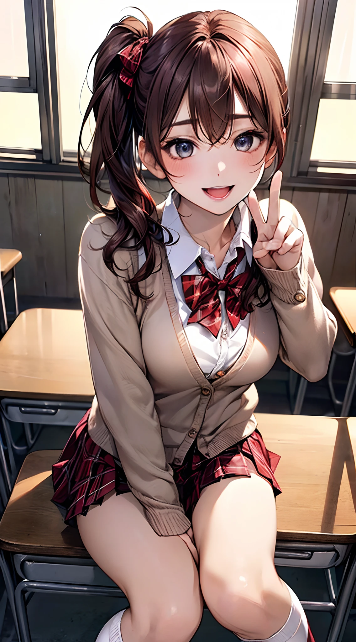 (masterpiece:1.2, top-quality), (realistic, photorealistic:1.4), beautiful illustration, NSFW,
looking at viewer, cowboy shot, front view:0.8,
1 girl, japanese, high school girl, light brown hair, (long hair:1.8), (side ponytail:1.7), bangs, hair between eye, blue eyes, large breasts:0.8, (thick thighs),
beautiful hair, beautiful face, beautiful detailed eyes, beautiful clavicle, beautiful body, beautiful chest, beautiful thigh, beautiful legs, beautiful fingers,
(beautiful scenery), dawn, bright and refreshing classroom, desks, chairs, curtains,
((red blazer, pleated mini skirt, white socks, red private school uniform:1.2, light blown cardigan, red plaid pleated skirt, red plaid bow tie, red plaid hair ribbon)), pink panties,
(swollen), ((seductive posture: 1.2, attractiveness: 1.2)), (idle),
(erotic, sexy, upper eyes, smile, peace sign), shiny skin, open mouth,
perfect face, cute and symmetrical face, natural side lighting, movie lighting),
sitting chair, (hands between legs),